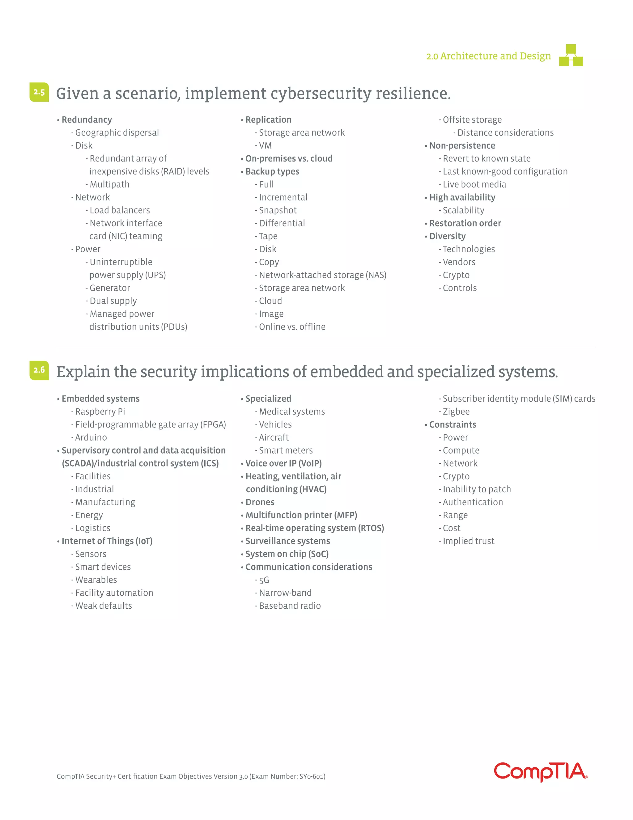 Given a scenario, implement cybersecurity resilience.
Explain the security implications of embedded and specialized systems.
2.5
2.6
• Redundancy
	 - Geographic dispersal
	 - Disk
		 - Redundant array of
		 inexpensive disks (RAID) levels
		- Multipath
	 - Network
		 - Load balancers
		 - Network interface
		 card (NIC) teaming
	 - Power
		- Uninterruptible
		 power supply (UPS)
		- Generator
		 - Dual supply
		 - Managed power
		 distribution units (PDUs)
• Replication
	 - Storage area network
	 - VM
• On-premises vs. cloud
• Backup types
	 - Full
	 - Incremental
	 - Snapshot
	 - Differential
	 - Tape
	 - Disk
	 - Copy
	 - Network-attached storage (NAS)
	 - Storage area network
	 - Cloud
	 - Image
	 - Online vs. offline
	 - Offsite storage
		 - Distance considerations
• Non-persistence
	 - Revert to known state
	 - Last known-good configuration
	 - Live boot media
• High availability
	 - Scalability
• Restoration order
• Diversity
	 - Technologies
	 - Vendors
	 - Crypto
	 - Controls
• Embedded systems
	 - Raspberry Pi
	 - Field-programmable gate array (FPGA)
	 - Arduino
• Supervisory control and data acquisition
(SCADA)/industrial control system (ICS)
	 - Facilities
	 - Industrial
	 - Manufacturing
	 - Energy
	 - Logistics
• Internet of Things (IoT)
	 - Sensors
	 - Smart devices
	 - Wearables
	 - Facility automation
	 - Weak defaults
• Specialized
	 - Medical systems
	 - Vehicles
	 - Aircraft
	 - Smart meters
• Voice over IP (VoIP)
• Heating, ventilation, air
conditioning (HVAC)
• Drones
• Multifunction printer (MFP)
• Real-time operating system (RTOS)
• Surveillance systems
• System on chip (SoC)
• Communication considerations
	 - 5G
	 - Narrow-band
	 - Baseband radio
	 - Subscriber identity module (SIM) cards
	 - Zigbee
• Constraints
	 - Power
	 - Compute
	 - Network
	 - Crypto
	 - Inability to patch
	 - Authentication
	 - Range
	 - Cost
	 - Implied trust
CompTIA Security+ Certification Exam Objectives Version 3.0 (Exam Number: SY0-601)
2.0 Architecture and Design
 