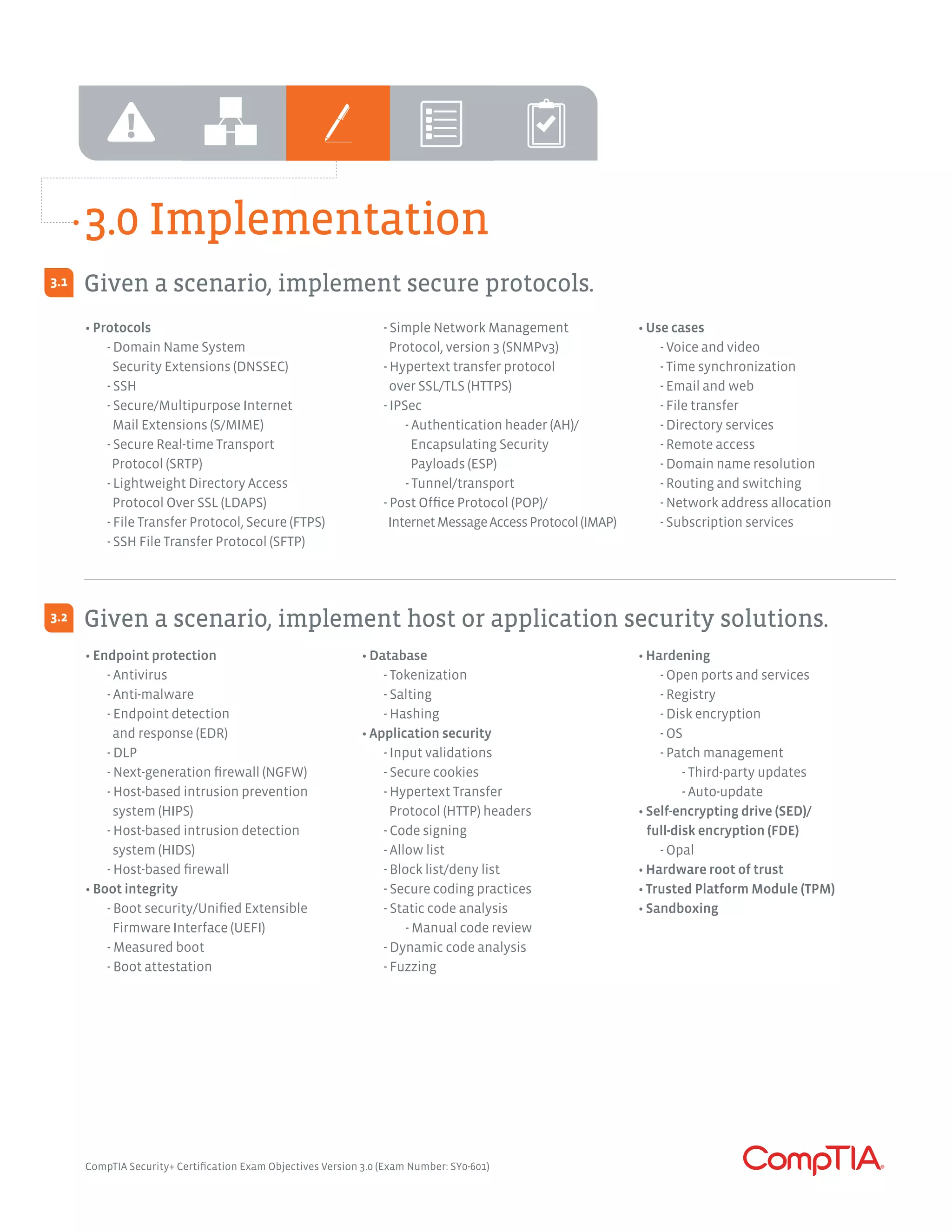 3.0 Implementation
• Protocols
	 - Domain Name System
	 Security Extensions (DNSSEC)
	 - SSH
	 - Secure/Multipurpose Internet
	 Mail Extensions (S/MIME)
	 - Secure Real-time Transport
Protocol (SRTP)
	 - Lightweight Directory Access 	
	 Protocol Over SSL (LDAPS)
	 - File Transfer Protocol, Secure (FTPS)
	 - SSH File Transfer Protocol (SFTP)
	 - Simple Network Management
	 Protocol, version 3 (SNMPv3)
	 - Hypertext transfer protocol
	 over SSL/TLS (HTTPS)
	 - IPSec
		 - Authentication header (AH)/
	 	 Encapsulating Security
		 Payloads (ESP)
		- Tunnel/transport
	 - Post Office Protocol (POP)/
	 InternetMessageAccessProtocol(IMAP)
• Use cases
	 - Voice and video
	 - Time synchronization
	 - Email and web
	 - File transfer
	 - Directory services
	 - Remote access
	 - Domain name resolution
	 - Routing and switching
	 - Network address allocation
	 - Subscription services
• Endpoint protection
	 - Antivirus
	 - Anti-malware
	 - Endpoint detection
	 and response (EDR)
	 - DLP
	 - Next-generation firewall (NGFW)
	 - Host-based intrusion prevention
	 system (HIPS)
	 - Host-based intrusion detection
	 system (HIDS)
	 - Host-based firewall
• Boot integrity
	 - Boot security/Unified Extensible
	 Firmware Interface (UEFI)
	 - Measured boot
	 - Boot attestation
• Database
	 - Tokenization
	 - Salting
	 - Hashing
• Application security
	 - Input validations
	 - Secure cookies
	 - Hypertext Transfer
	 Protocol (HTTP) headers
	 - Code signing
	 - Allow list
	 - Block list/deny list
	 - Secure coding practices
	 - Static code analysis
		 - Manual code review
	 - Dynamic code analysis
	 - Fuzzing
• Hardening
	 - Open ports and services
	 - Registry
	 - Disk encryption
	 - OS
	 - Patch management
		 - Third-party updates
		- Auto-update
• Self-encrypting drive (SED)/
full-disk encryption (FDE)
	 - Opal
• Hardware root of trust
• Trusted Platform Module (TPM)
• Sandboxing
Given a scenario, implement secure protocols.
Given a scenario, implement host or application security solutions.
3.1
3.2
CompTIA Security+ Certification Exam Objectives Version 3.0 (Exam Number: SY0-601)
 