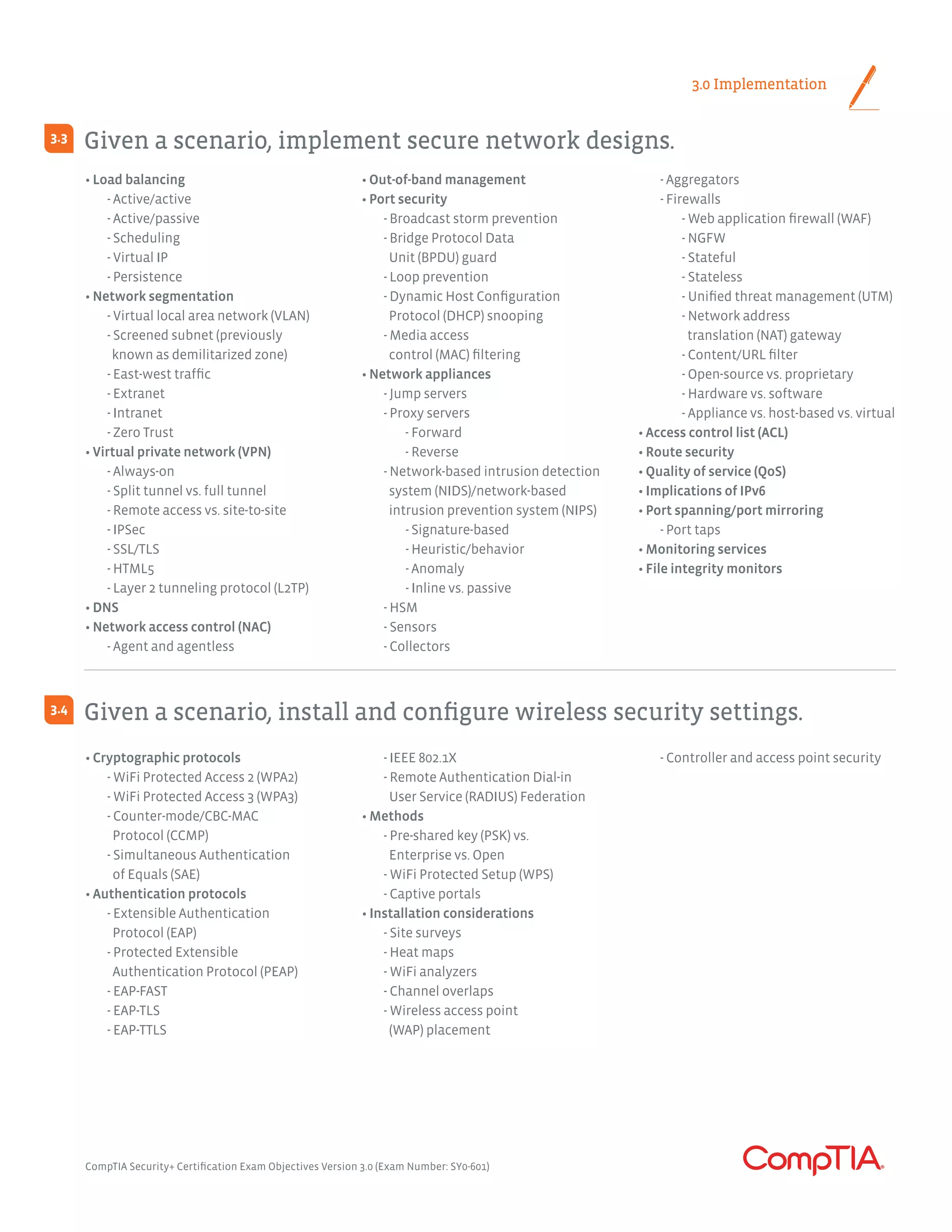 Given a scenario, implement secure network designs.
Given a scenario, install and configure wireless security settings.
3.3
3.4
• Load balancing
	 - Active/active
	 - Active/passive
	 - Scheduling
	 - Virtual IP
	 - Persistence
• Network segmentation
	 - Virtual local area network (VLAN)
	 - Screened subnet (previously	
known as demilitarized zone)
	 - East-west traffic
	 - Extranet
	 - Intranet
	 - Zero Trust
• Virtual private network (VPN)
	 - Always-on
	 - Split tunnel vs. full tunnel
	 - Remote access vs. site-to-site
	 - IPSec
	 - SSL/TLS
	 - HTML5
	 - Layer 2 tunneling protocol (L2TP)
• DNS
• Network access control (NAC)
	 - Agent and agentless
• Out-of-band management
• Port security
	 - Broadcast storm prevention
	 - Bridge Protocol Data
	 Unit (BPDU) guard
	 - Loop prevention
	 - Dynamic Host Configuration
	 Protocol (DHCP) snooping
	 - Media access
	 control (MAC) filtering
• Network appliances
	 - Jump servers
	 - Proxy servers
		- Forward
		- Reverse
	 - Network-based intrusion detection
	 system (NIDS)/network-based
	 intrusion prevention system (NIPS)
		- Signature-based
		- Heuristic/behavior
		- Anomaly
		 - Inline vs. passive
	 - HSM
	 - Sensors
	 - Collectors
	 - Aggregators
	 - Firewalls
		 - Web application firewall (WAF)
		 - NGFW
		- Stateful
		- Stateless
		 - Unified threat management (UTM)
		 - Network address 	
		 translation (NAT) gateway
		 - Content/URL filter
		 - Open-source vs. proprietary
		 - Hardware vs. software
		 - Appliance vs. host-based vs. virtual
• Access control list (ACL)
• Route security
• Quality of service (QoS)
• Implications of IPv6
• Port spanning/port mirroring
	 - Port taps
• Monitoring services
• File integrity monitors
• Cryptographic protocols
	 - WiFi Protected Access 2 (WPA2)
	 - WiFi Protected Access 3 (WPA3)
	 - Counter-mode/CBC-MAC
	 Protocol (CCMP)
	 - Simultaneous Authentication
	 of Equals (SAE)
• Authentication protocols
	 - Extensible Authentication
	 Protocol (EAP)
	 - Protected Extensible
	 Authentication Protocol (PEAP)
	 - EAP-FAST
	 - EAP-TLS
	 - EAP-TTLS
	 - IEEE 802.1X
	 - Remote Authentication Dial-in
	 User Service (RADIUS) Federation
• Methods
	 - Pre-shared key (PSK) vs.
	 Enterprise vs. Open
	 - WiFi Protected Setup (WPS)
	 - Captive portals
• Installation considerations
	 - Site surveys
	 - Heat maps
	 - WiFi analyzers
	 - Channel overlaps
	 - Wireless access point
	 (WAP) placement
	 - Controller and access point security
CompTIA Security+ Certification Exam Objectives Version 3.0 (Exam Number: SY0-601)
3.0 Implementation
 