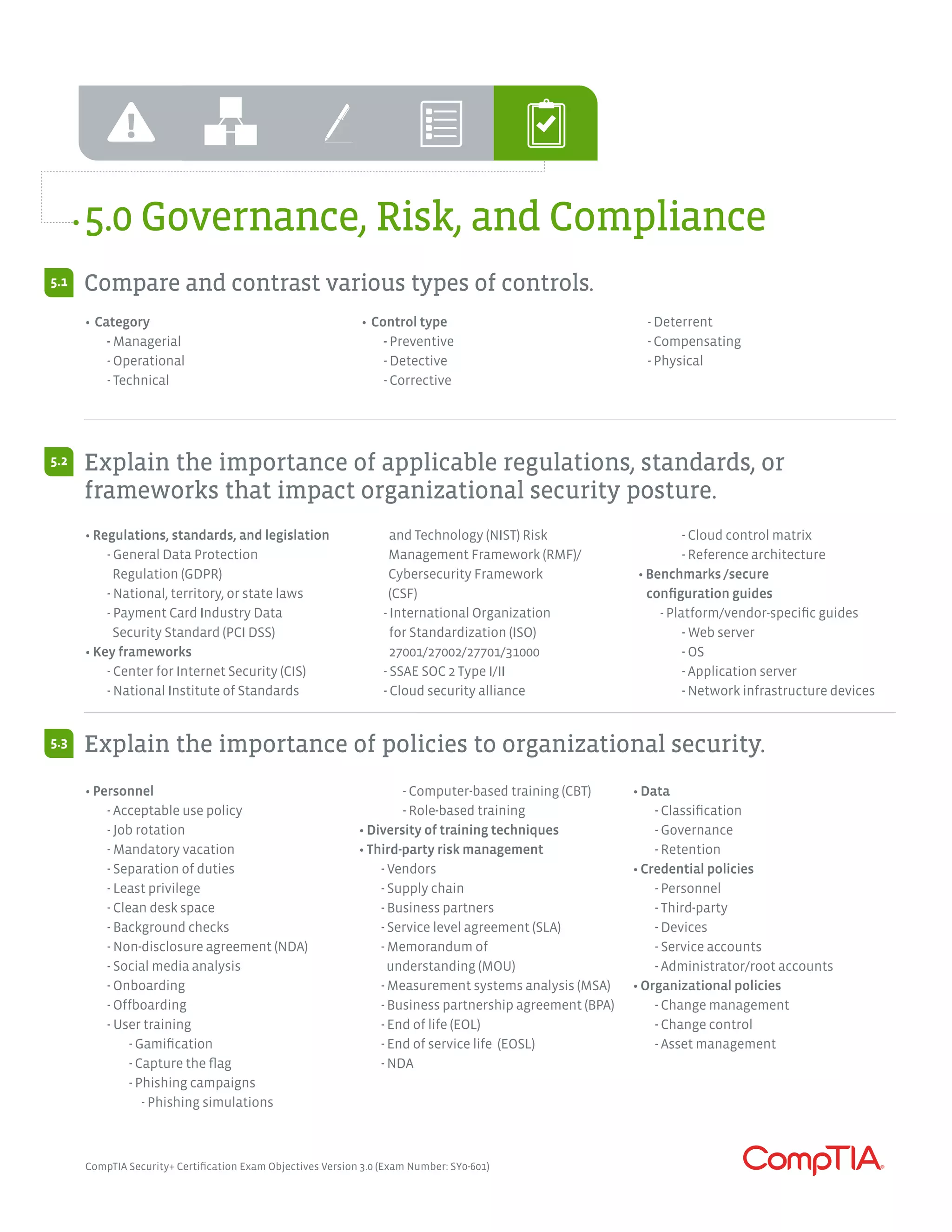 5.0 Governance, Risk, and Compliance
•	Category
		 - Managerial
		 - Operational
		 - Technical
•	Control type
		 - Preventive
		 - Detective
		 - Corrective
	 - Deterrent
	 - Compensating
	 - Physical
• Regulations, standards, and legislation
	 - General Data Protection
	 Regulation (GDPR)
	 - National, territory, or state laws
	 - Payment Card Industry Data
	 Security Standard (PCI DSS)
• Key frameworks
	 - Center for Internet Security (CIS)
	 - National Institute of Standards
	 and Technology (NIST) Risk
Management Framework (RMF)/
Cybersecurity Framework
(CSF)
	 - International Organization
	 for Standardization (ISO)
	 27001/27002/27701/31000
	 - SSAE SOC 2 Type I/II
	 - Cloud security alliance
		 - Cloud control matrix
		 - Reference architecture
• Benchmarks /secure
configuration guides
	 - Platform/vendor-specific guides
		 - Web server
		- OS
		 - Application server
		 - Network infrastructure devices
• Personnel
	 - Acceptable use policy
	 - Job rotation
	 - Mandatory vacation
	 - Separation of duties
	 - Least privilege
	 - Clean desk space
	 - Background checks
	 - Non-disclosure agreement (NDA)
	 - Social media analysis
	 - Onboarding
	 - Offboarding
	 - User training
		- Gamification
		 - Capture the flag
		 - Phishing campaigns
			 - Phishing simulations
		 - Computer-based training (CBT)
		 - Role-based training
• Diversity of training techniques
• Third-party risk management
	 - Vendors
	 - Supply chain
	 - Business partners
	 - Service level agreement (SLA)
	 - Memorandum of
	 understanding (MOU)
	 - Measurement systems analysis (MSA)
	 - Business partnership agreement (BPA)
	 - End of life (EOL)
	 - End of service life (EOSL)
	 - NDA
• Data
	 - Classification
	 - Governance
	 - Retention
• Credential policies
	 - Personnel
	 - Third-party
	 - Devices
	 - Service accounts
	 - Administrator/root accounts
• Organizational policies
	 - Change management
	 - Change control
	 - Asset management
Compare and contrast various types of controls.
Explain the importance of applicable regulations, standards, or
frameworks that impact organizational security posture.
Explain the importance of policies to organizational security.
5.1
5.2
5.3
CompTIA Security+ Certification Exam Objectives Version 3.0 (Exam Number: SY0-601)
 
