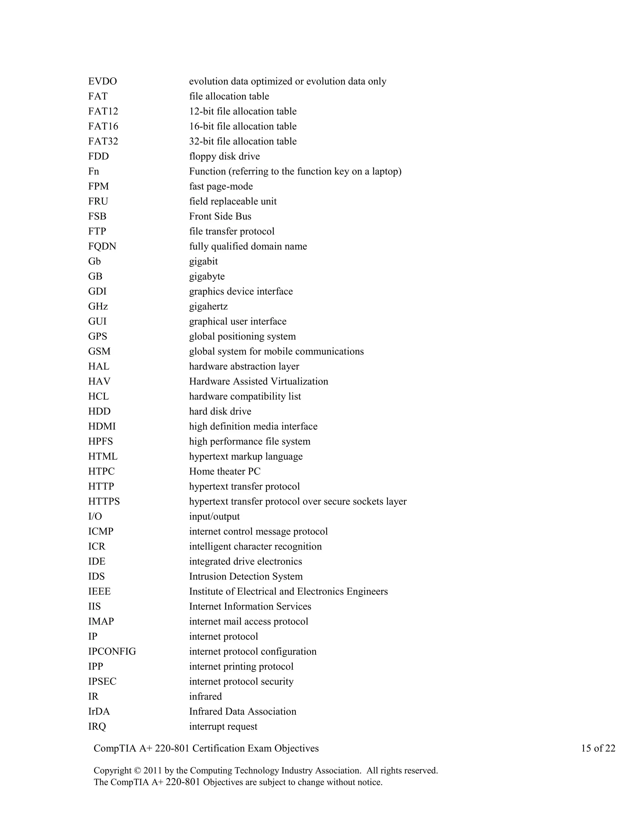 EVDO
FAT
FAT12
FAT16
FAT32
FDD
Fn
FPM
FRU
FSB
FTP
FQDN
Gb
GB
GDI
GHz
GUI
GPS
GSM
HAL
HAV
HCL
HDD
HDMI
HPFS
HTML
HTPC
HTTP
HTTPS
I/O
ICMP
ICR
IDE
IDS
IEEE
IIS
IMAP
IP
IPCONFIG
IPP
IPSEC
IR
IrDA
IRQ

evolution data optimized or evolution data only
file allocation table
12-bit file allocation table
16-bit file allocation table
32-bit file allocation table
floppy disk drive
Function (referring to the function key on a laptop)
fast page-mode
field replaceable unit
Front Side Bus
file transfer protocol
fully qualified domain name
gigabit
gigabyte
graphics device interface
gigahertz
graphical user interface
global positioning system
global system for mobile communications
hardware abstraction layer
Hardware Assisted Virtualization
hardware compatibility list
hard disk drive
high definition media interface
high performance file system
hypertext markup language
Home theater PC
hypertext transfer protocol
hypertext transfer protocol over secure sockets layer
input/output
internet control message protocol
intelligent character recognition
integrated drive electronics
Intrusion Detection System
Institute of Electrical and Electronics Engineers
Internet Information Services
internet mail access protocol
internet protocol
internet protocol configuration
internet printing protocol
internet protocol security
infrared
Infrared Data Association
interrupt request

CompTIA A+ 220-801 Certification Exam Objectives
Copyright © 2011 by the Computing Technology Industry Association. All rights reserved.
The CompTIA A+ 220-801 Objectives are subject to change without notice.

15 of 22

 