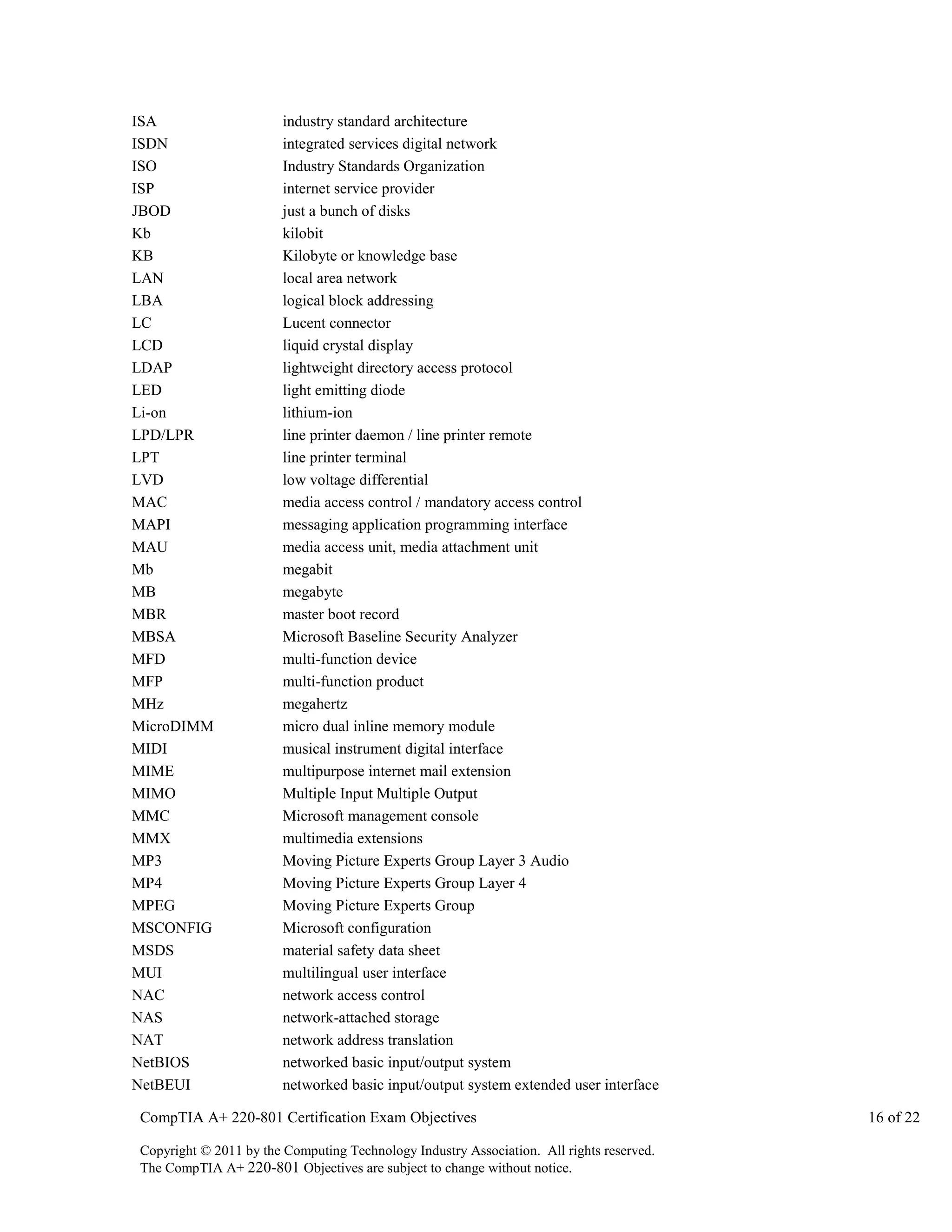 ISA
ISDN
ISO
ISP
JBOD
Kb
KB
LAN
LBA
LC
LCD
LDAP
LED
Li-on
LPD/LPR
LPT
LVD
MAC
MAPI
MAU
Mb
MB
MBR
MBSA
MFD
MFP
MHz
MicroDIMM
MIDI
MIME
MIMO
MMC
MMX
MP3
MP4
MPEG
MSCONFIG
MSDS
MUI
NAC
NAS
NAT
NetBIOS
NetBEUI

industry standard architecture
integrated services digital network
Industry Standards Organization
internet service provider
just a bunch of disks
kilobit
Kilobyte or knowledge base
local area network
logical block addressing
Lucent connector
liquid crystal display
lightweight directory access protocol
light emitting diode
lithium-ion
line printer daemon / line printer remote
line printer terminal
low voltage differential
media access control / mandatory access control
messaging application programming interface
media access unit, media attachment unit
megabit
megabyte
master boot record
Microsoft Baseline Security Analyzer
multi-function device
multi-function product
megahertz
micro dual inline memory module
musical instrument digital interface
multipurpose internet mail extension
Multiple Input Multiple Output
Microsoft management console
multimedia extensions
Moving Picture Experts Group Layer 3 Audio
Moving Picture Experts Group Layer 4
Moving Picture Experts Group
Microsoft configuration
material safety data sheet
multilingual user interface
network access control
network-attached storage
network address translation
networked basic input/output system
networked basic input/output system extended user interface

CompTIA A+ 220-801 Certification Exam Objectives
Copyright © 2011 by the Computing Technology Industry Association. All rights reserved.
The CompTIA A+ 220-801 Objectives are subject to change without notice.

16 of 22

 