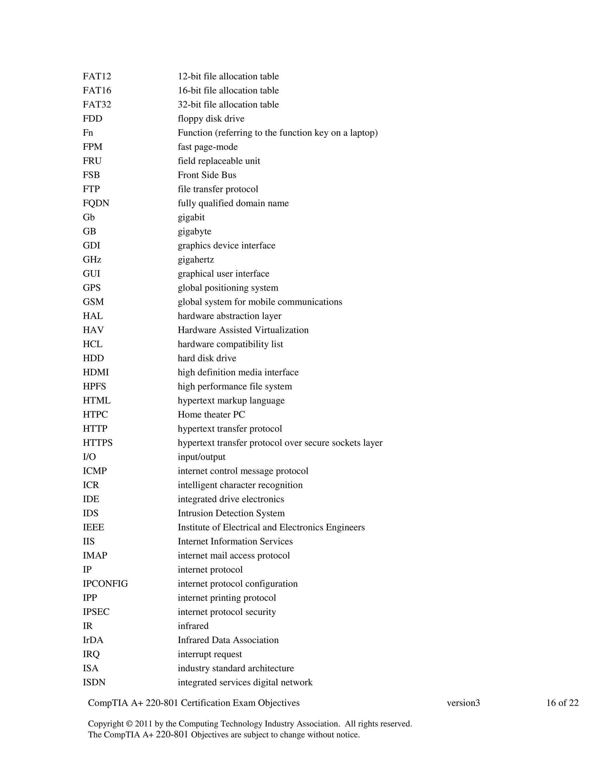 FAT12 12-bit file allocation table 
FAT16 16-bit file allocation table 
FAT32 32-bit file allocation table 
FDD floppy disk drive 
Fn Function (referring to the function key on a laptop) 
FPM fast page-mode 
FRU field replaceable unit 
FSB Front Side Bus 
FTP file transfer protocol 
FQDN fully qualified domain name 
Gb gigabit 
GB gigabyte 
GDI graphics device interface 
GHz gigahertz 
GUI graphical user interface 
GPS global positioning system 
GSM global system for mobile communications 
HAL hardware abstraction layer 
HAV Hardware Assisted Virtualization 
HCL hardware compatibility list 
HDD hard disk drive 
HDMI high definition media interface 
HPFS high performance file system 
HTML hypertext markup language 
HTPC Home theater PC 
HTTP hypertext transfer protocol 
HTTPS hypertext transfer protocol over secure sockets layer 
I/O input/output 
ICMP internet control message protocol 
ICR intelligent character recognition 
IDE integrated drive electronics 
IDS Intrusion Detection System 
IEEE Institute of Electrical and Electronics Engineers 
IIS Internet Information Services 
IMAP internet mail access protocol 
IP internet protocol 
IPCONFIG internet protocol configuration 
IPP internet printing protocol 
IPSEC internet protocol security 
IR infrared 
IrDA Infrared Data Association 
IRQ interrupt request 
ISA industry standard architecture 
ISDN integrated services digital network 
CompTIA A+ 220-801 Certification Exam Objectives version3 16 of 22 
Copyright © 2011 by the Computing Technology Industry Association. All rights reserved. 
The CompTIA A+ 220-801 Objectives are subject to change without notice. 
 