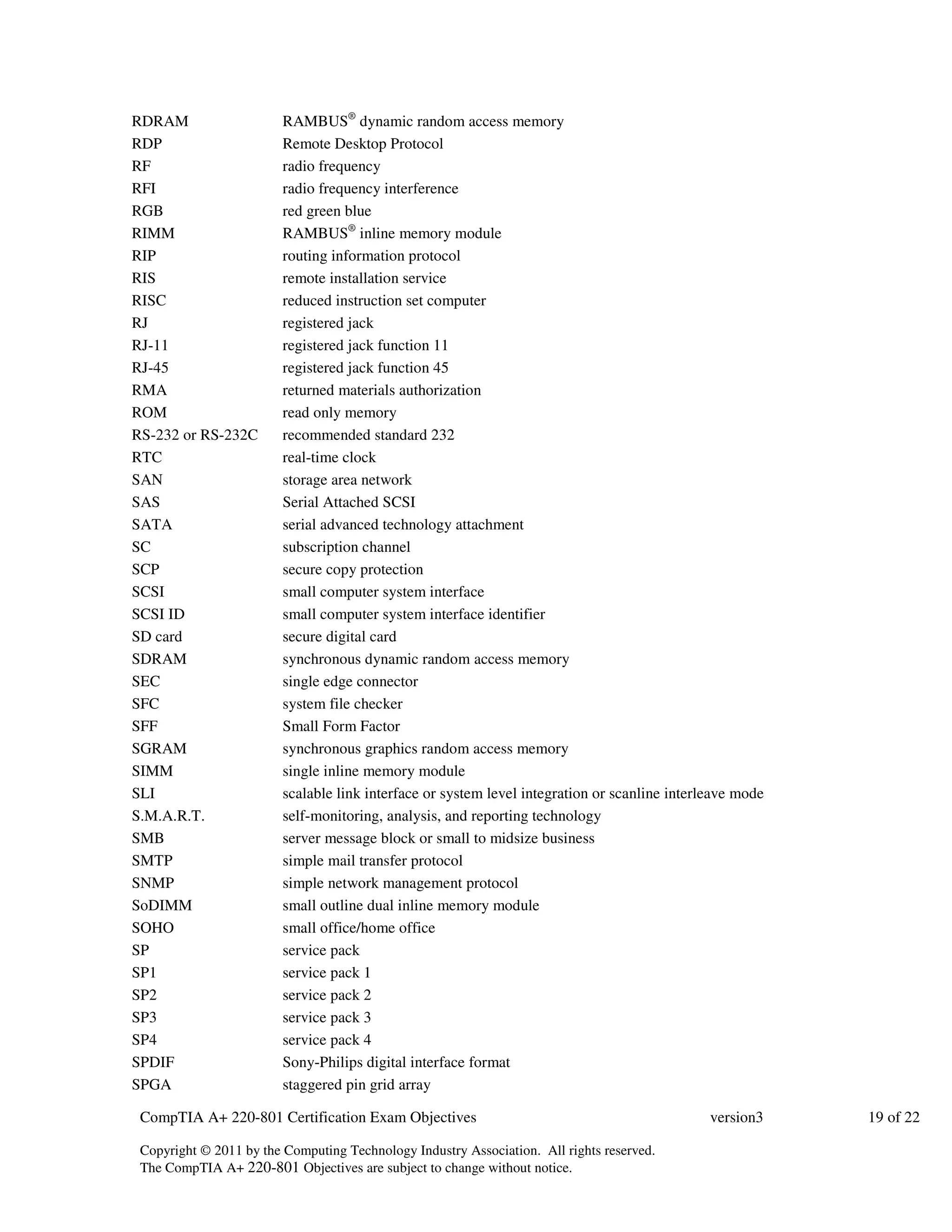 RDRAM RAMBUS® dynamic random access memory 
RDP Remote Desktop Protocol 
RF radio frequency 
RFI radio frequency interference 
RGB red green blue 
RIMM RAMBUS® inline memory module 
RIP routing information protocol 
RIS remote installation service 
RISC reduced instruction set computer 
RJ registered jack 
RJ-11 registered jack function 11 
RJ-45 registered jack function 45 
RMA returned materials authorization 
ROM read only memory 
RS-232 or RS-232C recommended standard 232 
RTC real-time clock 
SAN storage area network 
SAS Serial Attached SCSI 
SATA serial advanced technology attachment 
SC subscription channel 
SCP secure copy protection 
SCSI small computer system interface 
SCSI ID small computer system interface identifier 
SD card secure digital card 
SDRAM synchronous dynamic random access memory 
SEC single edge connector 
SFC system file checker 
SFF Small Form Factor 
SGRAM synchronous graphics random access memory 
SIMM single inline memory module 
SLI scalable link interface or system level integration or scanline interleave mode 
S.M.A.R.T. self-monitoring, analysis, and reporting technology 
SMB server message block or small to midsize business 
SMTP simple mail transfer protocol 
SNMP simple network management protocol 
SoDIMM small outline dual inline memory module 
SOHO small office/home office 
SP service pack 
SP1 service pack 1 
SP2 service pack 2 
SP3 service pack 3 
SP4 service pack 4 
SPDIF Sony-Philips digital interface format 
SPGA staggered pin grid array 
CompTIA A+ 220-801 Certification Exam Objectives version3 19 of 22 
Copyright © 2011 by the Computing Technology Industry Association. All rights reserved. 
The CompTIA A+ 220-801 Objectives are subject to change without notice. 
 