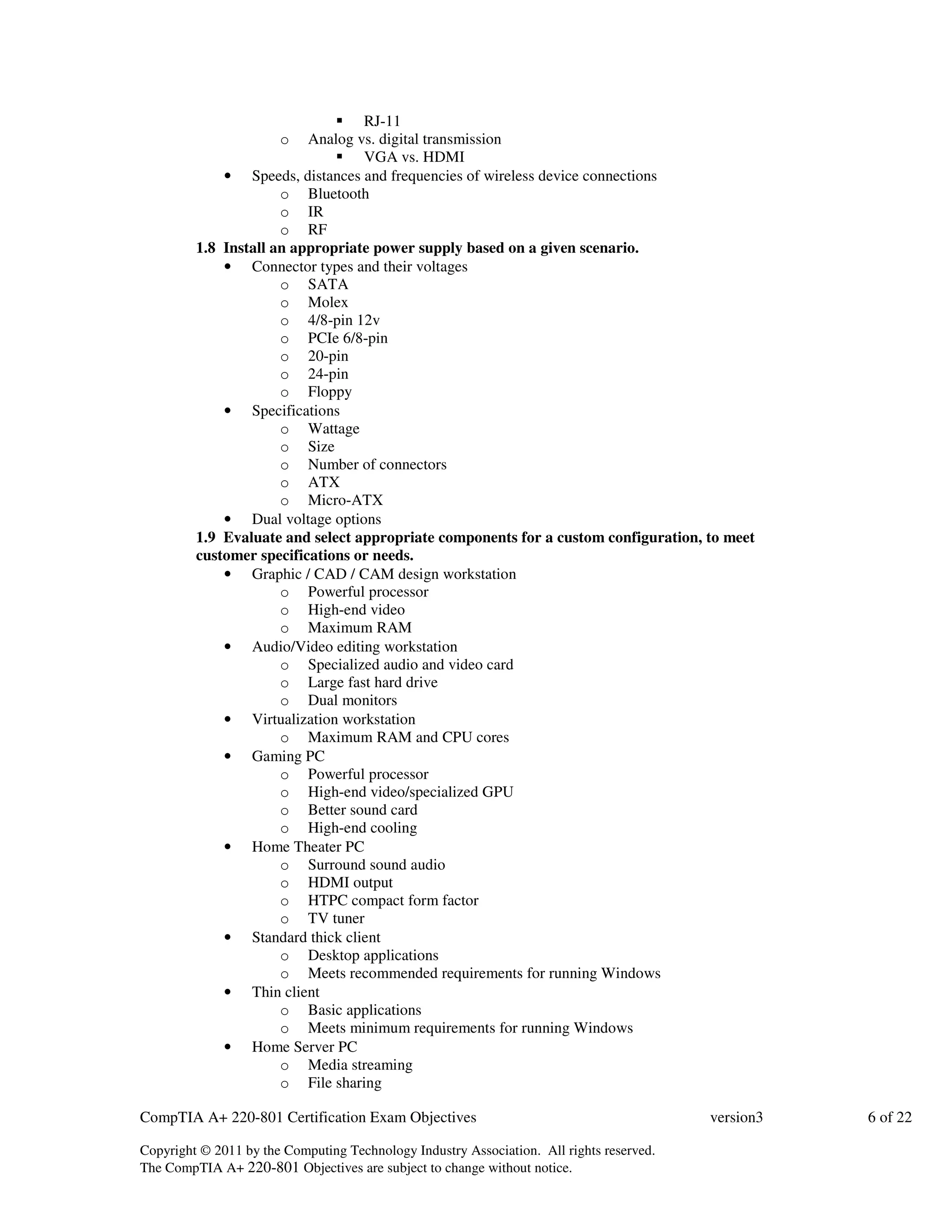 RJ-11 
o Analog vs. digital transmission 
 VGA vs. HDMI 
• Speeds, distances and frequencies of wireless device connections 
o Bluetooth 
o IR 
o RF 
1.8 Install an appropriate power supply based on a given scenario. 
• Connector types and their voltages 
o SATA 
o Molex 
o 4/8-pin 12v 
o PCIe 6/8-pin 
o 20-pin 
o 24-pin 
o Floppy 
• Specifications 
o Wattage 
o Size 
o Number of connectors 
o ATX 
o Micro-ATX 
• Dual voltage options 
1.9 Evaluate and select appropriate components for a custom configuration, to meet 
customer specifications or needs. 
• Graphic / CAD / CAM design workstation 
o Powerful processor 
o High-end video 
o Maximum RAM 
• Audio/Video editing workstation 
o Specialized audio and video card 
o Large fast hard drive 
o Dual monitors 
• Virtualization workstation 
o Maximum RAM and CPU cores 
• Gaming PC 
o Powerful processor 
o High-end video/specialized GPU 
o Better sound card 
o High-end cooling 
• Home Theater PC 
o Surround sound audio 
o HDMI output 
o HTPC compact form factor 
o TV tuner 
• Standard thick client 
o Desktop applications 
o Meets recommended requirements for running Windows 
• Thin client 
o Basic applications 
o Meets minimum requirements for running Windows 
• Home Server PC 
o Media streaming 
o File sharing 
CompTIA A+ 220-801 Certification Exam Objectives version3 6 of 22 
Copyright © 2011 by the Computing Technology Industry Association. All rights reserved. 
The CompTIA A+ 220-801 Objectives are subject to change without notice. 
 