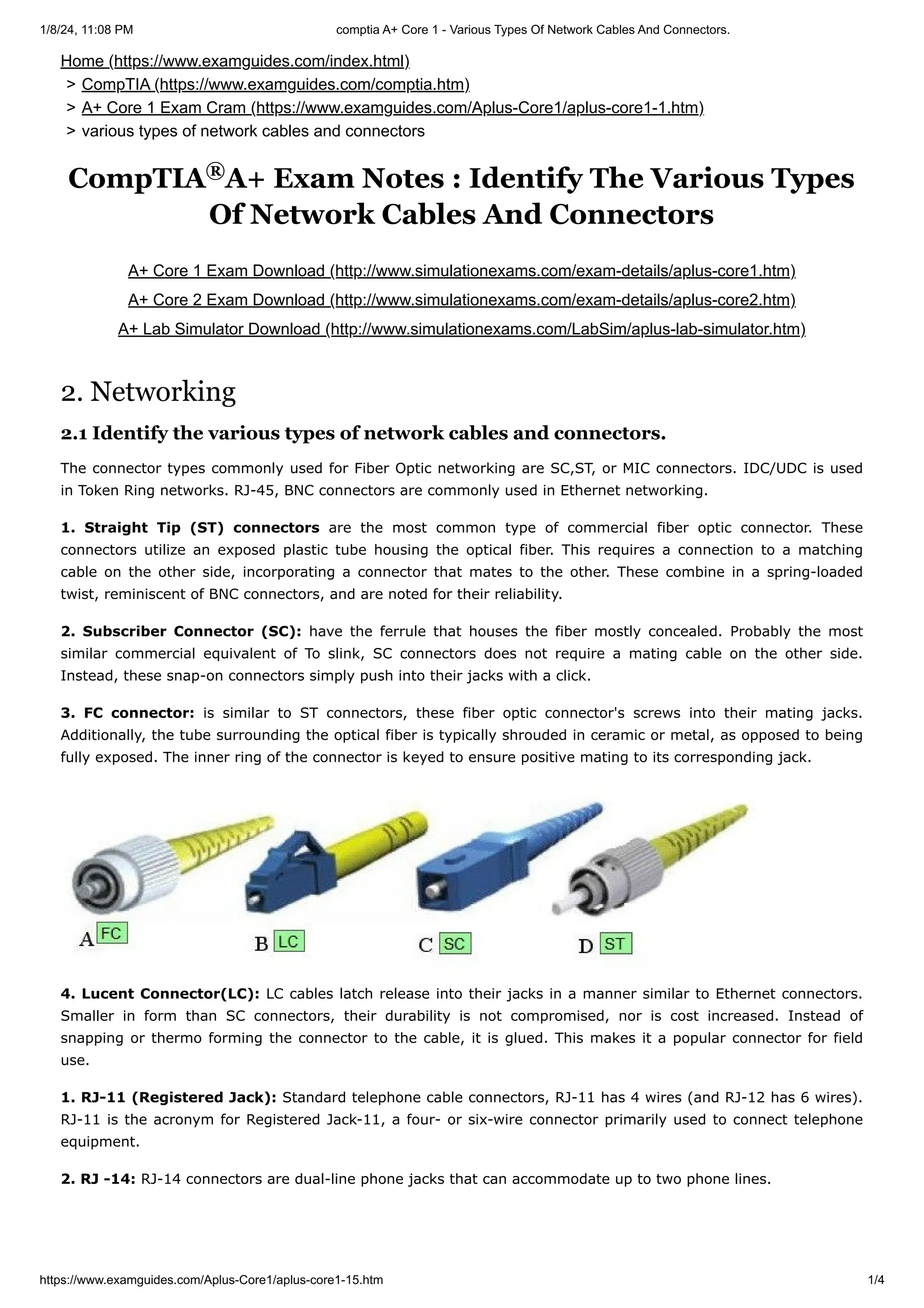 comptia A+ Core 1 Various Types Of Network Cables And Connectors PDF