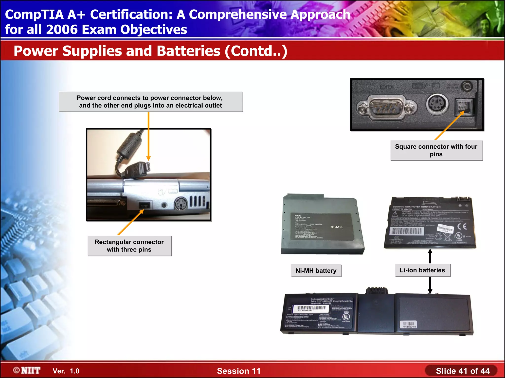 CompTIA A+ Certification: A Comprehensive Approach
 Installing Windows XP Professional Using Attended Installation
for all 2006 Exam Objectives
 Power Supplies and Batteries (Contd..)


              Power cord connects to power connector below,
               and the other end plugs into an electrical outlet




                                                                                           Square connector with four
                                                                                                     pins




                    Rectangular connector
                       with three pins


                                                                           Ni-MH battery    Li-ion batteries




       Ver. 1.0                                               Session 11                                Slide 41 of 44
 