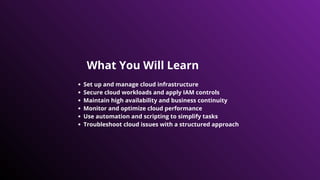 What You Will Learn
Set up and manage cloud infrastructure
Secure cloud workloads and apply IAM controls
Maintain high availability and business continuity
Monitor and optimize cloud performance
Use automation and scripting to simplify tasks
Troubleshoot cloud issues with a structured approach
 