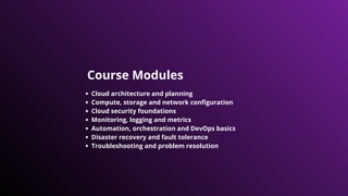 Course Modules
Cloud architecture and planning
Compute, storage and network configuration
Cloud security foundations
Monitoring, logging and metrics
Automation, orchestration and DevOps basics
Disaster recovery and fault tolerance
Troubleshooting and problem resolution
 