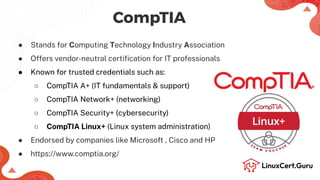 CompTIA
● Stands for Computing Technology Industry Association
● Offers vendor-neutral certiﬁcation for IT professionals
● Known for trusted credentials such as:
○ CompTIA A+ (IT fundamentals & support)
○ CompTIA Network+ (networking)
○ CompTIA Security+ (cybersecurity)
○ CompTIA Linux+ (Linux system administration)
● Endorsed by companies like Microsoft , Cisco and HP
● https://www.comptia.org/
 