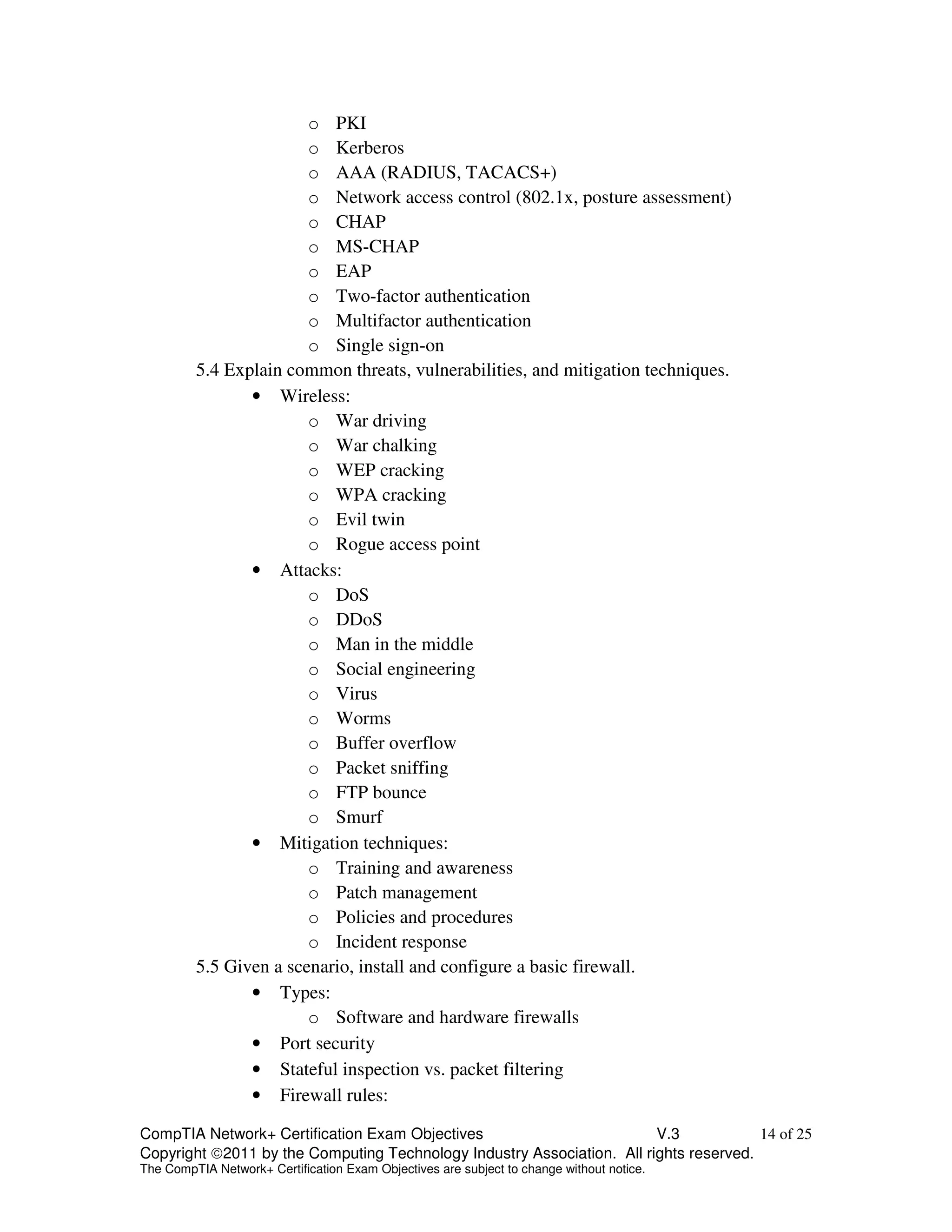 o PKI 
o Kerberos 
o AAA (RADIUS, TACACS+) 
o Network access control (802.1x, posture assessment) 
o CHAP 
o MS-CHAP 
o EAP 
o Two-factor authentication 
o Multifactor authentication 
o Single sign-on 
5.4 Explain common threats, vulnerabilities, and mitigation techniques. 
• Wireless: 
o War driving 
o War chalking 
o WEP cracking 
o WPA cracking 
o Evil twin 
o Rogue access point 
• Attacks: 
o DoS 
o DDoS 
o Man in the middle 
o Social engineering 
o Virus 
o Worms 
o Buffer overflow 
o Packet sniffing 
o FTP bounce 
o Smurf 
• Mitigation techniques: 
o Training and awareness 
o Patch management 
o Policies and procedures 
o Incident response 
5.5 Given a scenario, install and configure a basic firewall. 
• Types: 
o Software and hardware firewalls 
• Port security 
• Stateful inspection vs. packet filtering 
• Firewall rules: 
CompTIA Network+ Certification Exam Objectives V.3 14 of 25 
Copyright 2011 by the Computing Technology Industry Association. All rights reserved. 
The CompTIA Network+ Certification Exam Objectives are subject to change without notice. 
 