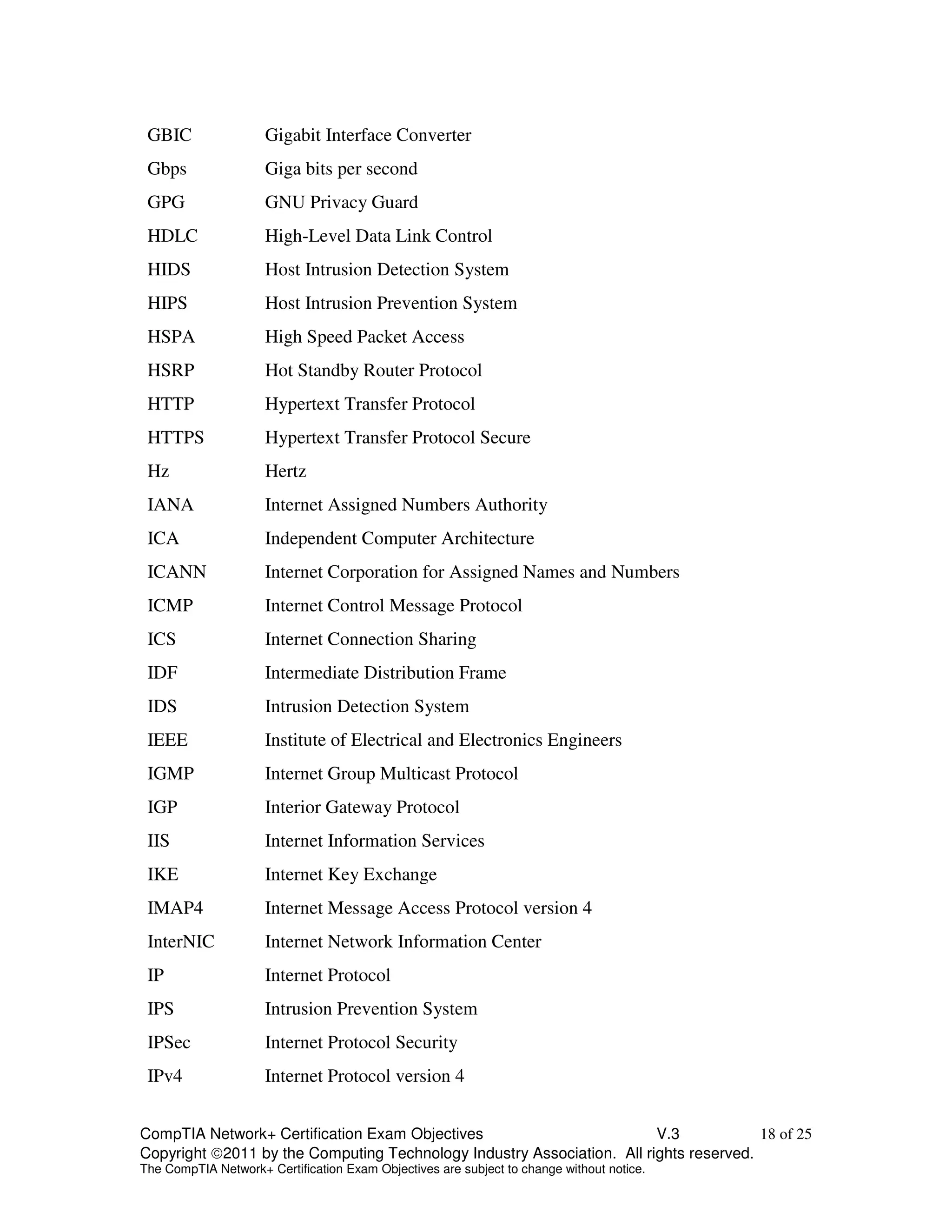 GBIC Gigabit Interface Converter 
Gbps Giga bits per second 
GPG GNU Privacy Guard 
HDLC High-Level Data Link Control 
HIDS Host Intrusion Detection System 
HIPS Host Intrusion Prevention System 
HSPA High Speed Packet Access 
HSRP Hot Standby Router Protocol 
HTTP Hypertext Transfer Protocol 
HTTPS Hypertext Transfer Protocol Secure 
Hz Hertz 
IANA Internet Assigned Numbers Authority 
ICA Independent Computer Architecture 
ICANN Internet Corporation for Assigned Names and Numbers 
ICMP Internet Control Message Protocol 
ICS Internet Connection Sharing 
IDF Intermediate Distribution Frame 
IDS Intrusion Detection System 
IEEE Institute of Electrical and Electronics Engineers 
IGMP Internet Group Multicast Protocol 
IGP Interior Gateway Protocol 
IIS Internet Information Services 
IKE Internet Key Exchange 
IMAP4 Internet Message Access Protocol version 4 
InterNIC Internet Network Information Center 
IP Internet Protocol 
IPS Intrusion Prevention System 
IPSec Internet Protocol Security 
IPv4 Internet Protocol version 4 
CompTIA Network+ Certification Exam Objectives V.3 18 of 25 
Copyright 2011 by the Computing Technology Industry Association. All rights reserved. 
The CompTIA Network+ Certification Exam Objectives are subject to change without notice. 
 
