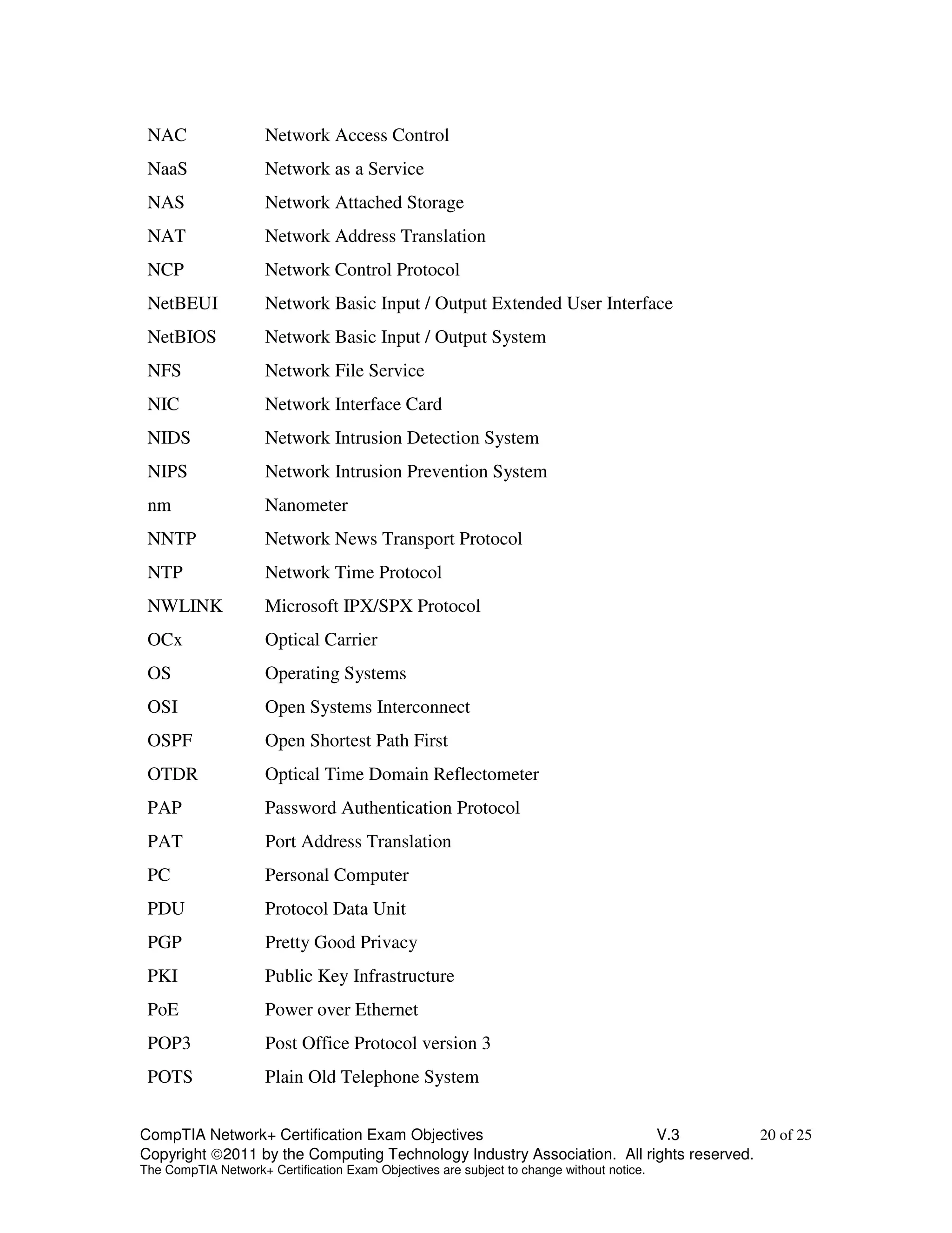 NAC Network Access Control 
NaaS Network as a Service 
NAS Network Attached Storage 
NAT Network Address Translation 
NCP Network Control Protocol 
NetBEUI Network Basic Input / Output Extended User Interface 
NetBIOS Network Basic Input / Output System 
NFS Network File Service 
NIC Network Interface Card 
NIDS Network Intrusion Detection System 
NIPS Network Intrusion Prevention System 
nm Nanometer 
NNTP Network News Transport Protocol 
NTP Network Time Protocol 
NWLINK Microsoft IPX/SPX Protocol 
OCx Optical Carrier 
OS Operating Systems 
OSI Open Systems Interconnect 
OSPF Open Shortest Path First 
OTDR Optical Time Domain Reflectometer 
PAP Password Authentication Protocol 
PAT Port Address Translation 
PC Personal Computer 
PDU Protocol Data Unit 
PGP Pretty Good Privacy 
PKI Public Key Infrastructure 
PoE Power over Ethernet 
POP3 Post Office Protocol version 3 
POTS Plain Old Telephone System 
CompTIA Network+ Certification Exam Objectives V.3 20 of 25 
Copyright 2011 by the Computing Technology Industry Association. All rights reserved. 
The CompTIA Network+ Certification Exam Objectives are subject to change without notice. 
 