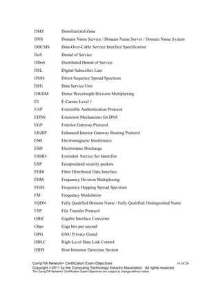 CompTIA Network+ Certification Exam Objectives 16 of 24
Copyright 2011 by the Computing Technology Industry Association. All rights reserved.
The CompTIA Network+ Certification Exam Objectives are subject to change without notice.
DMZ Demilitarized Zone
DNS Domain Name Service / Domain Name Server / Domain Name System
DOCSIS Data-Over-Cable Service Interface Specification
DoS Denial of Service
DDoS Distributed Denial of Service
DSL Digital Subscriber Line
DSSS Direct Sequence Spread Spectrum
DSU Data Service Unit
DWDM Dense Wavelength Division Multiplexing
E1 E-Carrier Level 1
EAP Extensible Authentication Protocol
EDNS Extension Mechanisms for DNS
EGP Exterior Gateway Protocol
EIGRP Enhanced Interior Gateway Routing Protocol
EMI Electromagnetic Interference
ESD Electrostatic Discharge
ESSID Extended Service Set Identifier
ESP Encapsulated security packets
FDDI Fiber Distributed Data Interface
FDM Frequency Division Multiplexing
FHSS Frequency Hopping Spread Spectrum
FM Frequency Modulation
FQDN Fully Qualified Domain Name / Fully Qualified Distinguished Name
FTP File Transfer Protocol
GBIC Gigabit Interface Converter
Gbps Giga bits per second
GPG GNU Privacy Guard
HDLC High-Level Data Link Control
HIDS Host Intrusion Detection System
 