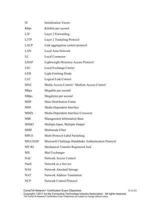 CompTIA Network+ Certification Exam Objectives 18 of 24
Copyright 2011 by the Computing Technology Industry Association. All rights reserved.
The CompTIA Network+ Certification Exam Objectives are subject to change without notice.
IV Initialization Vector
Kbps Kilobits per second
L2F Layer 2 Forwarding
L2TP Layer 2 Tunneling Protocol
LACP Link aggregation control protocol
LAN Local Area Network
LC Local Connector
LDAP Lightweight Directory Access Protocol
LEC Local Exchange Carrier
LED Light Emitting Diode
LLC Logical Link Control
MAC Media Access Control / Medium Access Control
Mbps Megabits per second
MBps Megabytes per second
MDF Main Distribution Frame
MDI Media Dependent Interface
MDIX Media Dependent Interface Crossover
MIB Management Information Base
MIMO Multiple Input, Multiple Output
MMF Multimode Fiber
MPLS Multi-Protocol Label Switching
MS-CHAP Microsoft Challenge Handshake Authentication Protocol
MT-RJ Mechanical Transfer-Registered Jack
MX Mail Exchanger
NAC Network Access Control
NaaS Network as a Service
NAS Network Attached Storage
NAT Network Address Translation
NCP Network Control Protocol
 