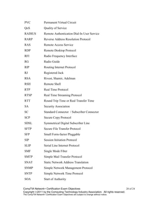 CompTIA Network+ Certification Exam Objectives 20 of 24
Copyright 2011 by the Computing Technology Industry Association. All rights reserved.
The CompTIA Network+ Certification Exam Objectives are subject to change without notice.
PVC Permanent Virtual Circuit
QoS Quality of Service
RADIUS Remote Authentication Dial-In User Service
RARP Reverse Address Resolution Protocol
RAS Remote Access Service
RDP Remote Desktop Protocol
RFI Radio Frequency Interface
RG Radio Guide
RIP Routing Internet Protocol
RJ Registered Jack
RSA Rivest, Shamir, Adelman
RSH Remote Shell
RTP Real Time Protocol
RTSP Real Time Streaming Protocol
RTT Round Trip Time or Real Transfer Time
SA Security Association
SC Standard Connector / Subscriber Connector
SCP Secure Copy Protocol
SDSL Symmetrical Digital Subscriber Line
SFTP Secure File Transfer Protocol
SFP Small Form-factor Pluggable
SIP Session Initiation Protocol
SLIP Serial Line Internet Protocol
SMF Single Mode Fiber
SMTP Simple Mail Transfer Protocol
SNAT Static Network Address Translation
SNMP Simple Network Management Protocol
SNTP Simple Network Time Protocol
SOA Start of Authority
 