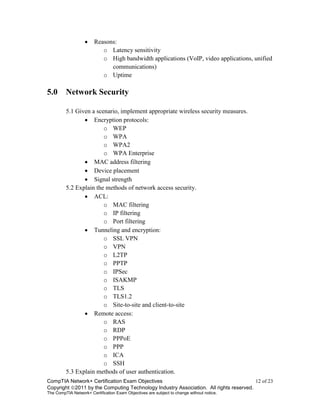 CompTIA Network+ Certification Exam Objectives 12 of 23
Copyright 2011 by the Computing Technology Industry Association. All rights reserved.
The CompTIA Network+ Certification Exam Objectives are subject to change without notice.
 Reasons:
o Latency sensitivity
o High bandwidth applications (VoIP, video applications, unified
communications)
o Uptime
5.0 Network Security
5.1 Given a scenario, implement appropriate wireless security measures.
 Encryption protocols:
o WEP
o WPA
o WPA2
o WPA Enterprise
 MAC address filtering
 Device placement
 Signal strength
5.2 Explain the methods of network access security.
 ACL:
o MAC filtering
o IP filtering
o Port filtering
 Tunneling and encryption:
o SSL VPN
o VPN
o L2TP
o PPTP
o IPSec
o ISAKMP
o TLS
o TLS1.2
o Site-to-site and client-to-site
 Remote access:
o RAS
o RDP
o PPPoE
o PPP
o ICA
o SSH
5.3 Explain methods of user authentication.
 