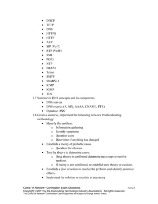 CompTIA Network+ Certification Exam Objectives 4 of 23
Copyright 2011 by the Computing Technology Industry Association. All rights reserved.
The CompTIA Network+ Certification Exam Objectives are subject to change without notice.
 DHCP
 TFTP
 DNS
 HTTPS
 HTTP
 ARP
 SIP (VoIP)
 RTP (VoIP)
 SSH
 POP3
 NTP
 IMAP4
 Telnet
 SMTP
 SNMP2/3
 ICMP
 IGMP
 TLS
1.7 Summarize DNS concepts and its components.
 DNS servers
 DNS records (A, MX, AAAA, CNAME, PTR)
 Dynamic DNS
1.8 Given a scenario, implement the following network troubleshooting
methodology:
 Identify the problem:
o Information gathering
o Identify symptoms
o Question users
o Determine if anything has changed
 Establish a theory of probable cause
o Question the obvious
 Test the theory to determine cause:
o Once theory is confirmed determine next steps to resolve
problem.
o If theory is not confirmed, re-establish new theory or escalate.
 Establish a plan of action to resolve the problem and identify potential
effects
 Implement the solution or escalate as necessary
 