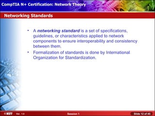 CompTIA N+ Certification: Network Theory Attended Installation
 Installing Windows XP Professional Using

 Networking Standards


                  •   A networking standard is a set of specifications,
                      guidelines, or characteristics applied to network
                      components to ensure interoperability and consistency
                      between them.
                  •   Formalization of standards is done by International
                      Organization for Standardization.




       Ver. 1.0                        Session 1                         Slide 12 of 45
 