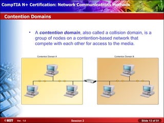 CompTIA N+ Certification: Network Communications Installation
 Installing Windows XP Professional Using Attended Methods

 Contention Domains


                  •   A contention domain, also called a collision domain, is a
                      group of nodes on a contention-based network that
                      compete with each other for access to the media.

                       Contention Domain A                  Contention Domain B




       Ver. 1.0                              Session 2                            Slide 13 of 51
 