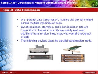 CompTIA N+ Certification: Network Communications Installation
 Installing Windows XP Professional Using Attended Methods

 Parallel Data Transmission


                  •   With parallel data transmission, multiple bits are transmitted
                      across multiple transmission lines.
                  •   Synchronization, start/stop, and error correction bits are
                      transmitted in line with data bits are mainly sent over
                      additional transmission lines, improving overall throughput
                      of data
                  •   The following devices uses the parallel transmission mode:




       Ver. 1.0                         Session 2                           Slide 20 of 51
 