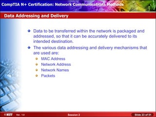 CompTIA N+ Certification: Network Communications Installation
 Installing Windows XP Professional Using Attended Methods

 Data Addressing and Delivery


                  Data to be transferred within the network is packaged and
                  addressed, so that it can be accurately delivered to its
                  intended destination.
                  The various data addressing and delivery mechanisms that
                  are used are:
                     MAC Address
                     Network Address
                     Network Names
                     Packets




       Ver. 1.0                    Session 2                        Slide 23 of 51
 