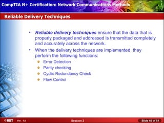 CompTIA N+ Certification: Network Communications Installation
 Installing Windows XP Professional Using Attended Methods

 Reliable Delivery Techniques


                  •   Reliable delivery techniques ensure that the data that is
                      properly packaged and addressed is transmitted completely
                      and accurately across the network.
                  •   When the delivery techniques are implemented they
                      perform the following functions:
                         Error Detection
                         Parity checking
                         Cyclic Redundancy Check
                         Flow Control




       Ver. 1.0                        Session 2                        Slide 40 of 51
 
