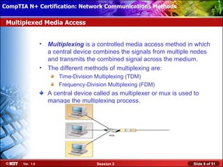 CompTIA N+ Certification: Network Communications Installation
 Installing Windows XP Professional Using Attended Methods

 Multiplexed Media Access


                  •   Multiplexing is a controlled media access method in which
                      a central device combines the signals from multiple nodes
                      and transmits the combined signal across the medium.
                  •   The different methods of multiplexing are:
                          Time-Division Multiplexing (TDM)
                          Frequency-Division Multiplexing (FDM)
                      A central device called as multiplexer or mux is used to
                      manage the multiplexing process.




                                              mux




       Ver. 1.0                         Session 2                           Slide 8 of 51
 