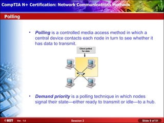 CompTIA N+ Certification: Network Communications Installation
 Installing Windows XP Professional Using Attended Methods

 Polling


                  •   Polling is a controlled media access method in which a
                      central device contacts each node in turn to see whether it
                      has data to transmit.
                                             Client polled
                                                for data




                  •   Demand priority is a polling technique in which nodes
                      signal their state—either ready to transmit or idle—to a hub.


       Ver. 1.0                         Session 2                           Slide 9 of 51
 