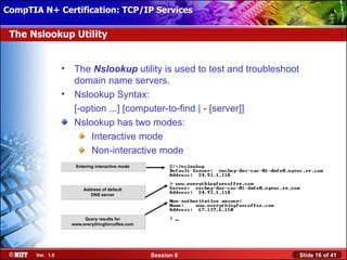 CompTIA N+ Certification: TCP/IP Services Attended Installation
 Installing Windows XP Professional Using

 The Nslookup Utility


                  •    The Nslookup utility is used to test and troubleshoot
                       domain name servers.
                  •    Nslookup Syntax:
                       [-option ...] [computer-to-find | - [server]]
                       Nslookup has two modes:
                           Interactive mode
                           Non-interactive mode
                       Entering interactive mode




                           Address of default
                              DNS server




                           Query results for
                      www.everythingforcoffee.com




       Ver. 1.0                                     Session 6                  Slide 16 of 41
 