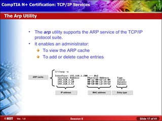 CompTIA N+ Certification: TCP/IP Services Attended Installation
 Installing Windows XP Professional Using

 The Arp Utility


                  •    The arp utility supports the ARP service of the TCP/IP
                       protocol suite.
                  •    It enables an administrator:
                            To view the ARP cache
                            To add or delete cache entries



                      ARP cache




                                    IP address           MAC address   Entry type




       Ver. 1.0                              Session 6                              Slide 17 of 41
 