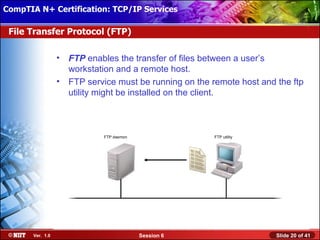 CompTIA N+ Certification: TCP/IP Services Attended Installation
 Installing Windows XP Professional Using

 File Transfer Protocol (FTP)

                  •   FTP enables the transfer of files between a user’s
                      workstation and a remote host.
                  •   FTP service must be running on the remote host and the ftp
                      utility might be installed on the client.



                              FTP daemon                  FTP utility




       Ver. 1.0                            Session 6                     Slide 20 of 41
 