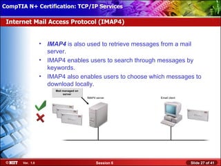 CompTIA N+ Certification: TCP/IP Services Attended Installation
 Installing Windows XP Professional Using

 Internet Mail Access Protocol (IMAP4)


                  •   IMAP4 is also used to retrieve messages from a mail
                      server.
                  •   IMAP4 enables users to search through messages by
                      keywords.
                  •   IMAP4 also enables users to choose which messages to
                      download locally.
                        Mail managed on
                             server
                                          IMAP4 server      Email client




       Ver. 1.0                                 Session 6                  Slide 27 of 41
 