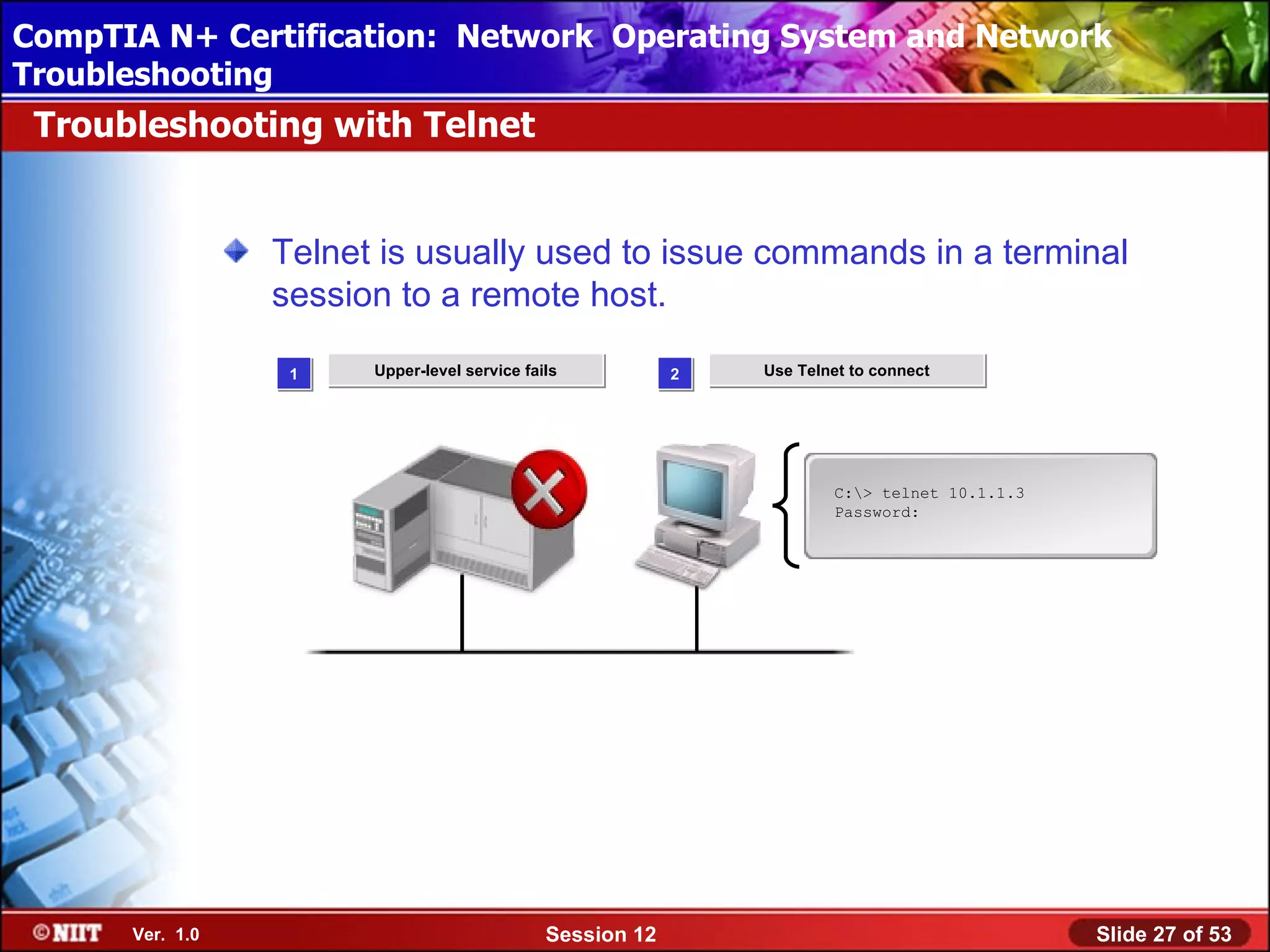 CompTIA N+ Certification: Network Using Attended Installation
 Installing Windows XP Professional Operating System and Network
Troubleshooting
 Troubleshooting with Telnet


                 Telnet is usually used to issue commands in a terminal
                 session to a remote host.

                  1    Upper-level service fails           2   Use Telnet to connect




                                                                       C:> telnet 10.1.1.3
                                                                       Password:




      Ver. 1.0                                Session 12                                      Slide 27 of 53
 