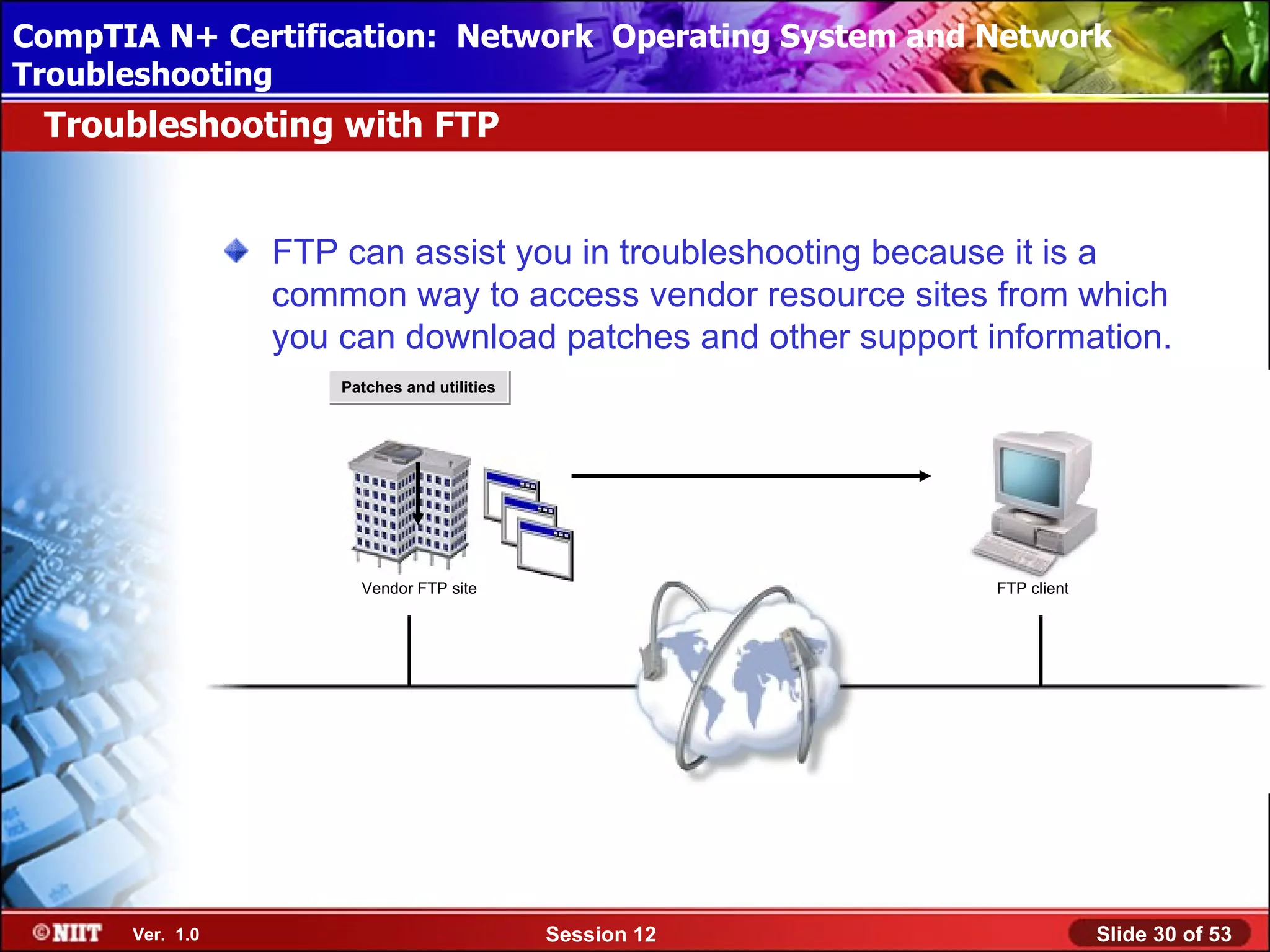 CompTIA N+ Certification: Network Using Attended Installation
 Installing Windows XP Professional Operating System and Network
Troubleshooting
 Troubleshooting with FTP


                 FTP can assist you in troubleshooting because it is a
                 common way to access vendor resource sites from which
                 you can download patches and other support information.
                     Patches and utilities




                       Vendor FTP site                       FTP client




      Ver. 1.0                               Session 12                   Slide 30 of 53
 