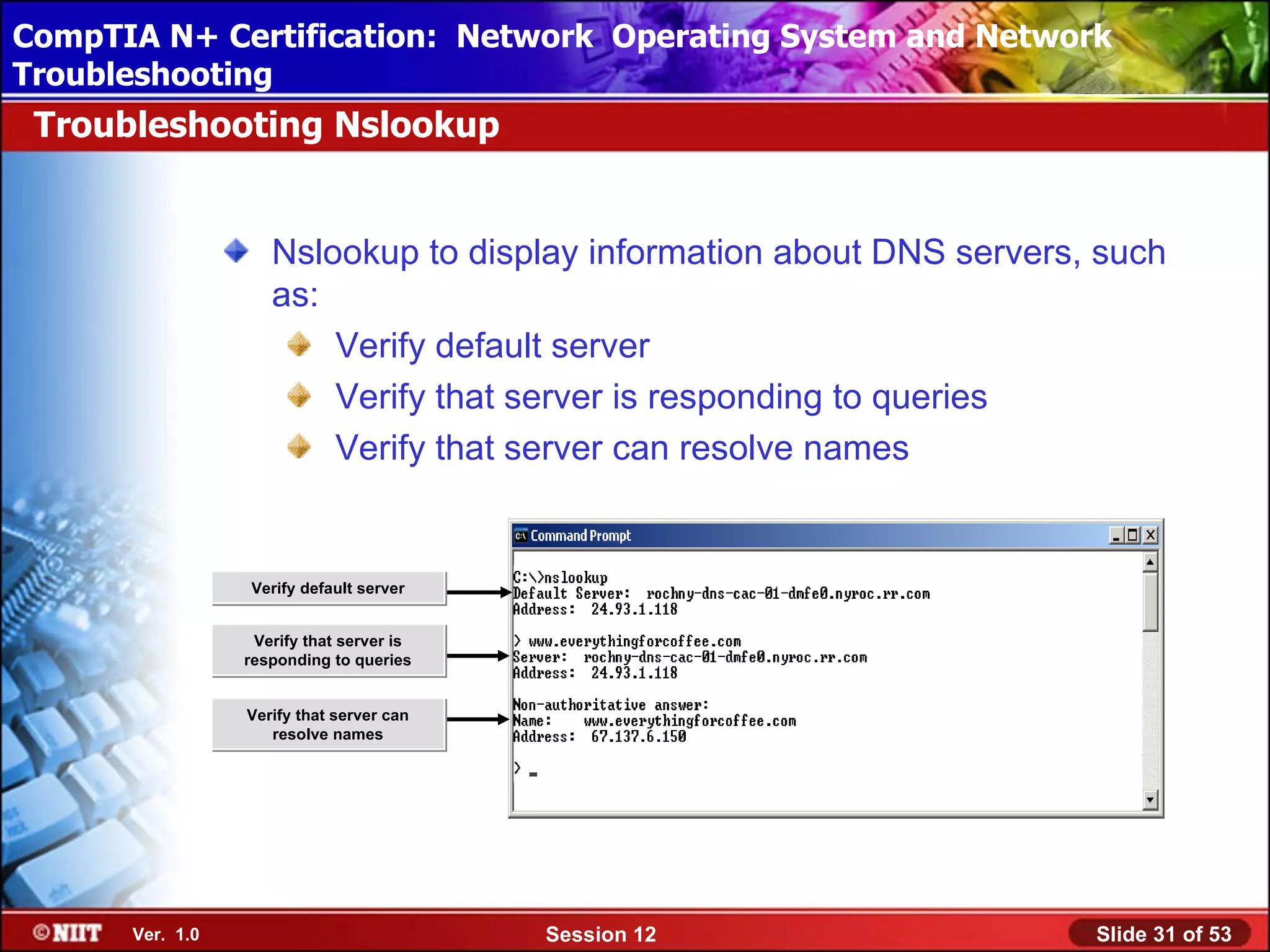 CompTIA N+ Certification: Network Using Attended Installation
 Installing Windows XP Professional Operating System and Network
Troubleshooting
 Troubleshooting Nslookup


                    Nslookup to display information about DNS servers, such
                    as:
                        Verify default server
                        Verify that server is responding to queries
                        Verify that server can resolve names


                 Verify default server


                  Verify that server is
                 responding to queries


                 Verify that server can
                    resolve names




      Ver. 1.0                            Session 12                  Slide 31 of 53
 