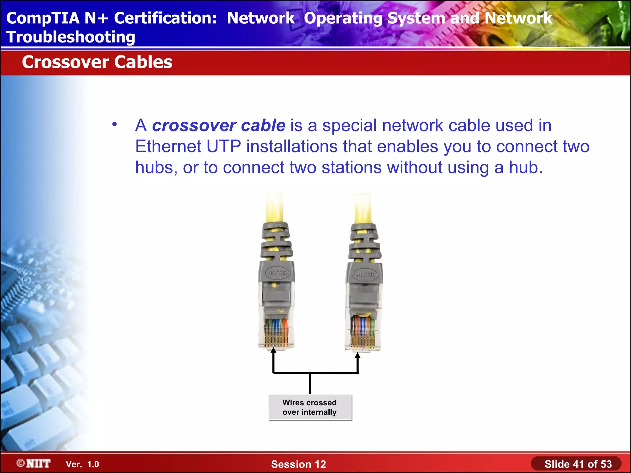 CompTIA N+ Certification: Network Using Attended Installation
 Installing Windows XP Professional Operating System and Network
Troubleshooting
 Crossover Cables


                 •   A crossover cable is a special network cable used in
                     Ethernet UTP installations that enables you to connect two
                     hubs, or to connect two stations without using a hub.




                                        Wires crossed
                                        over internally




      Ver. 1.0                        Session 12                         Slide 41 of 53
 