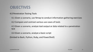4.0 Penetration Testing Tools
• 4.1 Given a scenario, use Nmap to conduct information gathering exercises
• 4.2 Compare and contrast various use cases of tools
• 4.3 Given a scenario, analyze tool output or data related to a penetration
test
• 4.4 Given a scenario, analyze a basic script
(limited to Bash, Python, Ruby, and PowerShell)
OBJECTIVES
CLOUDBURSTING CORP 3/31/2018 12
 