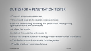 • Plan and scope an assessment
• Understand legal and compliance requirements
• Perform vulnerability scanning and penetration testing using
appropriate tools and techniques
• Analyze the results
In addition, the candidate will be able to:
• Produce a written report containing proposed remediation techniques
• Effectively communicate results to management
• Provide practical recommendations
DUTIES FOR A PENETRATION TESTER
CLOUDBURSTING CORP 3/31/2018 6
 