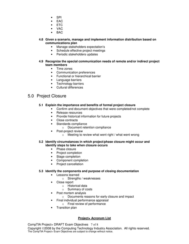 CompTIA Project+ Objectives | PDF