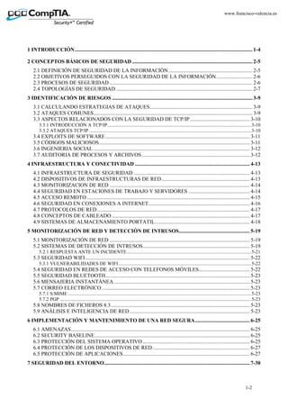 1-2
www.francisco-valencia.es
1 INTRODUCCIÓN..................................................................................................................................... 1-4
2 CONCEPTOS BÁSICOS DE SEGURIDAD .......................................................................................... 2-5
2.1 DEFINICIÓN DE SEGURIDAD DE LA INFORMACIÓN............................................................... 2-5
2.2 OBJETIVOS PERSEGUIDOS CON LA SEGURIDAD DE LA INFORMACIÓN........................... 2-6
2.3 PROCESOS DE SEGURIDAD ........................................................................................................... 2-6
2.4 TOPOLOGÍAS DE SEGURIDAD ...................................................................................................... 2-7
3 IDENTIFICACIÓN DE RIESGOS ......................................................................................................... 3-9
3.1 CALCULANDO ESTRATEGIAS DE ATAQUES............................................................................. 3-9
3.2 ATAQUES COMUNES....................................................................................................................... 3-9
3.3 ASPECTOS RELACIONADOS CON LA SEGURIDAD DE TCP/IP............................................. 3-10
3.3.1 INTRODUCCIÓN A TCP/IP......................................................................................................................3-10
3.3.2 ATAQUES TCP/IP .....................................................................................................................................3-10
3.4 EXPLOITS DE SOFTWARE............................................................................................................ 3-11
3.5 CÓDIGOS MALICIOSOS................................................................................................................. 3-11
3.6 INGENIERIA SOCIAL ..................................................................................................................... 3-12
3.7 AUDITORIA DE PROCESOS Y ARCHIVOS................................................................................. 3-12
4 INFRAESTRUCTURA Y CONECTIVIDAD ...................................................................................... 4-13
4.1 INFRAESTRUCTURA DE SEGURIDAD ....................................................................................... 4-13
4.2 DISPOSITIVOS DE INFRAESTRUCTURAS DE RED.................................................................. 4-13
4.3 MONITORIZACION DE RED ......................................................................................................... 4-14
4.4 SEGURIDAD EN ESTACIONES DE TRABAJO Y SERVIDORES .............................................. 4-14
4.5 ACCESO REMOTO.......................................................................................................................... 4-15
4.6 SEGURIDAD EN CONEXIONES A INTERNET............................................................................ 4-16
4.7 PROTOCOLOS DE RED .................................................................................................................. 4-17
4.8 CONCEPTOS DE CABLEADO ....................................................................................................... 4-17
4.9 SISTEMAS DE ALMACENAMIENTO PORTATIL....................................................................... 4-18
5 MONITORIZACIÓN DE RED Y DETECCIÓN DE INTRUSOS..................................................... 5-19
5.1 MONITORIZACIÓN DE RED ......................................................................................................... 5-19
5.2 SISTEMAS DE DETECCIÓN DE INTRUSOS................................................................................ 5-19
5.2.1 RESPUESTA ANTE UN INCIDENTE......................................................................................................5-21
5.3 SEGURIDAD WIFI........................................................................................................................... 5-22
5.3.1 VULNERABILIDADES DE WIFI.............................................................................................................5-22
5.4 SEGURIDAD EN REDES DE ACCESO CON TELEFONOS MÓVILES...................................... 5-22
5.5 SEGURIDAD BLUETOOTH............................................................................................................ 5-23
5.6 MENSAJERIA INSTANTÁNEA...................................................................................................... 5-23
5.7 CORREO ELECTRÓNICO............................................................................................................... 5-23
5.7.1 S/MIME ......................................................................................................................................................5-23
5.7.2 PGP .............................................................................................................................................................5-23
5.8 NOMBRES DE FICHEROS 8.3........................................................................................................ 5-23
5.9 ANÁLISIS E INTELIGENCIA DE RED.......................................................................................... 5-23
6 IMPLEMENTACIÓN Y MANTENIMIENTO DE UNA RED SEGURA......................................... 6-25
6.1 AMENAZAS...................................................................................................................................... 6-25
6.2 SECURITY BASELINE.................................................................................................................... 6-25
6.3 PROTECCIÓN DEL SISTEMA OPERATIVO ................................................................................ 6-25
6.4 PROTECCIÓN DE LOS DISPOSITIVOS DE RED......................................................................... 6-27
6.5 PROTECCIÓN DE APLICACIONES............................................................................................... 6-27
7 SEGURIDAD DEL ENTORNO............................................................................................................. 7-30
 