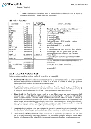 8-38
www.francisco-valencia.es
o El Gamal: Algoritmo utilizado para el envío de firmas digitales y cambio de llaves. El método es
similar a Diffie-Hellman, y se basa en cálculos logarítmicos.
8.2.1 TABLA RESUMEN
ALGORITMO TIPO
TAMAÑO
HASH / LLAVE
OBSERVACIONES
SHA1 HASH 160
MD5 HASH 128 Más rápido que SHA1, pero tiene vulnerabilidades
LANMAN HASH 160 Es de Microsoft. Utiliza MD5 o SHA1.
NTLM HASH 160 Es la evolución de LANMAN
DES SIMETRICO 56 Comprometido
3DES SIMETRICO 192 Ha sustituido a DES
AES SIMETRICO 256 Ha sustituido a 3DES
CAST SIMETRICO 128 Usado por Microsoft e IBM. Es rápido y eficiente
RC5 SIMETRICO 2048 Es de RSA, Muy robusto
RC6 SIMETRICO 128 Desarrollado por RSA, es un standard
BLOWFISH SIMETRICO 64 Muy rápido
TWOFISH SIMETRICO 128 Ha sustituido a BLOWFISH, creado por Bruce Schneier
IDEA SIMETRICO 128 Parecido a DES pero mas seguro. Se usa con PGP
RIJNDAEL SIMETRICO VARIABLE
Código de bloques desarrollado por joan Daemen y
Vincent Rijmen
SERPENT SIMETRICO 128
Código de bloques desarrollado por la Universidad de
Cambridge
RSA ASIMETRICO
RSA está basado en Diffie-Hellman, aunque ahora es el
más utilizado.
DIFFIE-HELLMAN ASIMETRICO Es el origen de los códigos asimétricos.
ECC ASIMETRICO
El Gamal ASIMETRICO Parecido a RSA
8.3 SISTEMAS CRIPTOGRÁFICOS
Un sistema criptográfico debería ofrecer muchos de los servicios de la seguridad:
• Confidencialidad: La capacidad de un sistema criptográfico de dotar confidencialidad se llama robustez. Un
sistema es robusto cuando su mecanismo de cifrado lo es. Se mide en el factor de trabajo, que aporta una
medida del tiempo y esfuerzo necesarios para romper un cifrado.
• Integridad: Es asegurar que el mensaje no ha sido modificado. Para ello se puede agregar un MAC (Message
Authentication Code) al mismo mensaje. Este MAC sale de una operación de hash sobre el propio mensaje. Si
el mensaje es modificado, también lo es el MAC, con lo que es posible detectar esa situación.
• Firma digital: Una firma digital se obtiene a partir de un hash del documento, que posteriormente es cifrado
utilizando la clave privada del emisor. El receptor para comprobar la integridad y autenticidad debe calcular el
mismo hash del documento, y descifrar el hash recibido utilizando la clave pública del emisor. Si coinciden, el
documento es originariamente del emisor y se garantiza su integridad. La autenticación se logra mediante firma
digital, aunque también puede lograrse mediante la inserción de palabras clave en el mensaje, que respondan a
un reto enviado por el receptor. RSA recomienda que cada persona tenga dos parejas de llaves, una pareja
utilizada para cifrar las comunicaciones, y la segunda empleada para firmar.
• No repudio: El no repudio es evitar que se pueda negar una acción realizada. En estructuras de PKI se utilizan
CA (Certificate Authorities), que gestionan las llaves públicas y gestionan la validación de los certificados.
• Autorización (Control de Acceso): El control de acceso son los mecanismos que se llevan a cabo para evitar
que se acceda a sistemas que realizan la criptografía. Los certificados pueden ser perdidas o robadas. Deben
incluirse métodos de seguridad física y lógica para evitar el comprometer las claves privadas de un sistema.
 