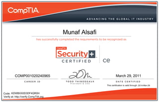CERTIFIED        ce



                                       Munaf Alsafi



                                       CERTIFIED      ce

          COMP001020240965                                      March 29, 2011

                                                       This certification is valid through: 2014-Mar-29



Code: KDWBXX0D3DF4QR0H
Verify at: http://verify.CompTIA.org
 