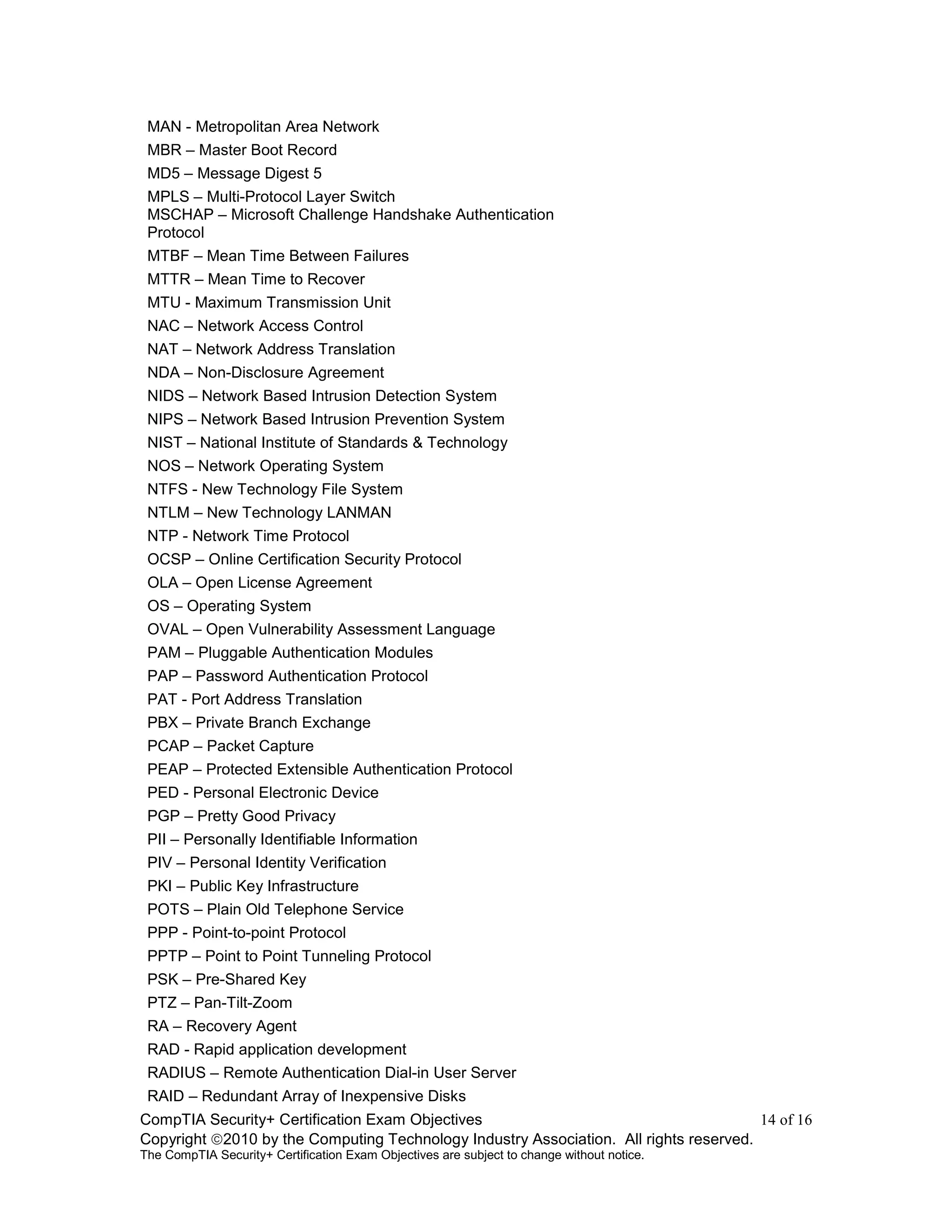 CompTIA Security+ Certification Exam Objectives 14 of 16
Copyright 2010 by the Computing Technology Industry Association. All rights reserved.
The CompTIA Security+ Certification Exam Objectives are subject to change without notice.
MAN - Metropolitan Area Network
MBR – Master Boot Record
MD5 – Message Digest 5
MPLS – Multi-Protocol Layer Switch
MSCHAP – Microsoft Challenge Handshake Authentication
Protocol
MTBF – Mean Time Between Failures
MTTR – Mean Time to Recover
MTU - Maximum Transmission Unit
NAC – Network Access Control
NAT – Network Address Translation
NDA – Non-Disclosure Agreement
NIDS – Network Based Intrusion Detection System
NIPS – Network Based Intrusion Prevention System
NIST – National Institute of Standards & Technology
NOS – Network Operating System
NTFS - New Technology File System
NTLM – New Technology LANMAN
NTP - Network Time Protocol
OCSP – Online Certification Security Protocol
OLA – Open License Agreement
OS – Operating System
OVAL – Open Vulnerability Assessment Language
PAM – Pluggable Authentication Modules
PAP – Password Authentication Protocol
PAT - Port Address Translation
PBX – Private Branch Exchange
PCAP – Packet Capture
PEAP – Protected Extensible Authentication Protocol
PED - Personal Electronic Device
PGP – Pretty Good Privacy
PII – Personally Identifiable Information
PIV – Personal Identity Verification
PKI – Public Key Infrastructure
POTS – Plain Old Telephone Service
PPP - Point-to-point Protocol
PPTP – Point to Point Tunneling Protocol
PSK – Pre-Shared Key
PTZ – Pan-Tilt-Zoom
RA – Recovery Agent
RAD - Rapid application development
RADIUS – Remote Authentication Dial-in User Server
RAID – Redundant Array of Inexpensive Disks
 