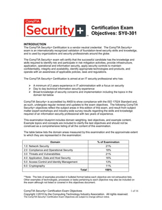 CompTIA Security+ Certification Exam Objectives 1 of 16
Copyright 2010 by the Computing Technology Industry Association. All rights reserved.
The CompTIA Security+ Certification Exam Objectives are subject to change without notice.
Certification Exam
Objectives: SY0-301
INTRODUCTION
The CompTIA Security+ Certification is a vendor neutral credential. The CompTIA Security+
exam is an internationally recognized validation of foundation-level security skills and knowledge,
and is used by organizations and security professionals around the globe.
The CompTIA Security+ exam will certify that the successful candidate has the knowledge and
skills required to identify risk and participate in risk mitigation activities, provide infrastructure,
application, operational and information security, apply security controls to maintain
confidentiality, integrity and availability, identify appropriate technologies and products, and
operate with an awareness of applicable policies, laws and regulations.
The CompTIA Security+ Certification is aimed at an IT security professional who has:
 A minimum of 2 years experience in IT administration with a focus on security
 Day to day technical information security experience
 Broad knowledge of security concerns and implementation including the topics in the
domain list below
CompTIA Security+ is accredited by ANSI to show compliance with the ISO 17024 Standard and,
as such, undergoes regular reviews and updates to the exam objectives. The following CompTIA
Security+ objectives reflect the subject areas in this edition of this exam, and result from subject
matter expert workshops and industry-wide survey results regarding the skills and knowledge
required of an information security professional with two years of experience.
This examination blueprint includes domain weighting, test objectives, and example content.
Example topics and concepts are included to clarify the test objectives and should not be
construed as a comprehensive listing of all the content of this examination.
The table below lists the domain areas measured by this examination and the approximate extent
to which they are represented in the examination:
Domain % of Examination
1.0 Network Security 21%
2.0 Compliance and Operational Security 18%
3.0 Threats and Vulnerabilities 21%
4.0 Application, Data and Host Security 16%
5.0 Access Control and Identity Management 13%
6.0 Cryptography 11%
Total 100%
**Note: The lists of examples provided in bulleted format below each objective are not exhaustive lists.
Other examples of technologies, processes or tasks pertaining to each objective may also be included on
the exam although not listed or covered in this objectives document.
 