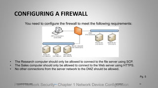 CONFIGURING A FIREWALL
Part I Network Security Chapter 1 Network Device Configuration
You need to configure the firewall to meet the following requirements:
Pg. 5
• The Research computer should only be allowed to connect to the file server using SCP.
• The Sales computer should only be allowed to connect to the Web server using HTTPS.
• No other connections from the server network to the DMZ should be allowed.
5/27/2017CLOUDBURSTING CORP 19
 