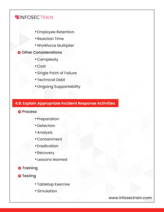 www.infosectrain.com
•Employee Retention
•Reaction Time
•Workforce Multiplier
•Complexity
•Cost
•Single Point of Failure
•Technical Debt
•Ongoing Supportability
•Preparation
•Detection
•Analysis
•Containment
•Eradication
•Recovery
•Lessons learned
•Tabletop Exercise
•Simulation
 Process
 Training
 Testing
 Other Considerations
4.8: Explain Appropriate Incident Response Activities
 