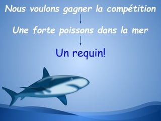 Nous voulons gagner la compétition
Une forte poissons dans la mer

Un requin!

 