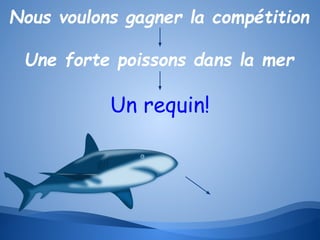 Nous voulons gagner la compétition
Une forte poissons dans la mer

Un requin!

 