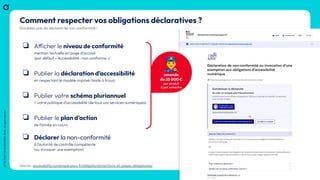 .17
OCTO
I
PART
OF
ACCENTURE
©
2026
-
All
rights
reserved
OCTO
I
PART
OF
ACCENTURE©
2026
-
All
rights
reserved
.17
Comment respecter vos obligations déclaratives ?
N’oubliez pas de déclarer la non conformité !
❏ Afficher le niveau de conformité
mention textuelle en page d’accueil
(par défaut « Accessibilité : non conforme »)
❏ Publier la déclaration d’accessibilité
en respectant le modèle imposé (texte à trous)
❏ Publier votre schéma pluriannuel
= votre politique d’accessibilité (de tous vos services numériques)
❏ Publier le plan d’action
de l’année en cours
❏ Déclarer la non-conformité
à l’autorité de contrôle compétente
(ou invoquer une exemption)
󰠕
amende
de 25 000 €
par produit
& par semestre
Source : accessibilite.numerique.gouv.fr/obligations/mentions-et-pages-obligatoires/
 
